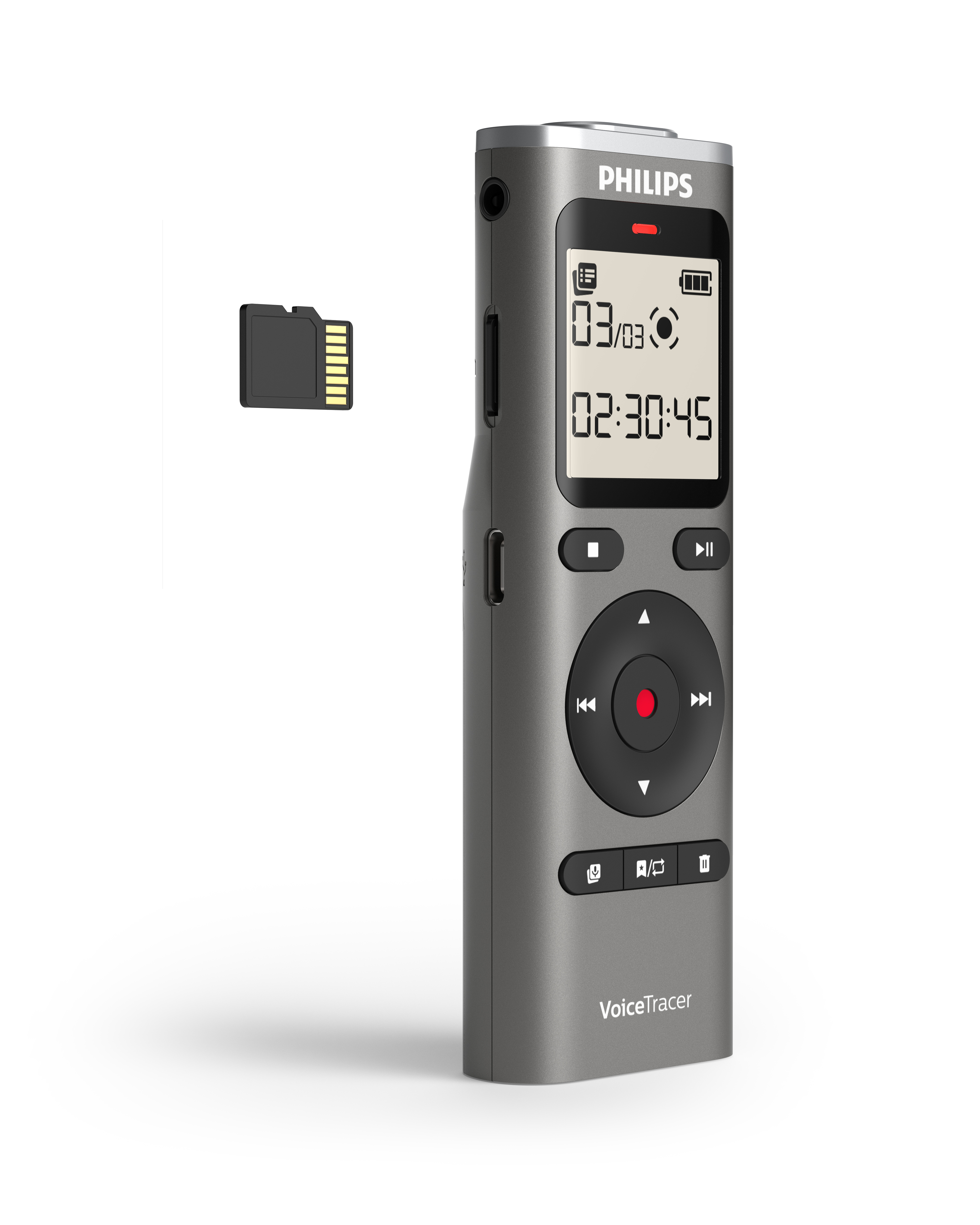 Ein Philips VoiceTracer-Diktiergerät mit einer SD-Karte. Es zeigt die Zeit und Aufzeichnungsinformationen auf dem Bildschirm.