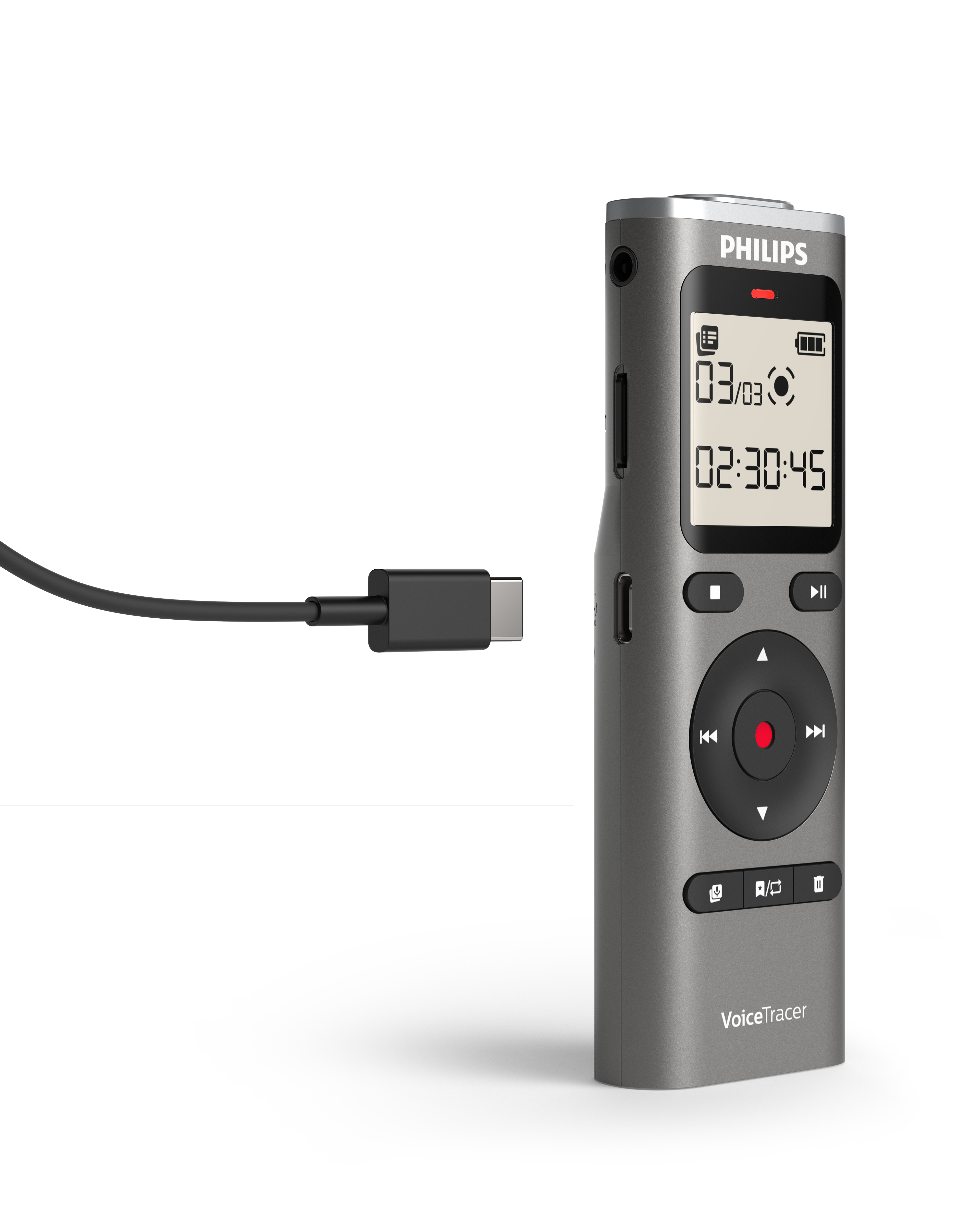Grauer Philips VoiceTracer-Rekorder mit schwarzem USB-C-Kabel. Der Bildschirm zeigt Datum und Uhrzeit, sowie eine rote Aufnahmetaste.