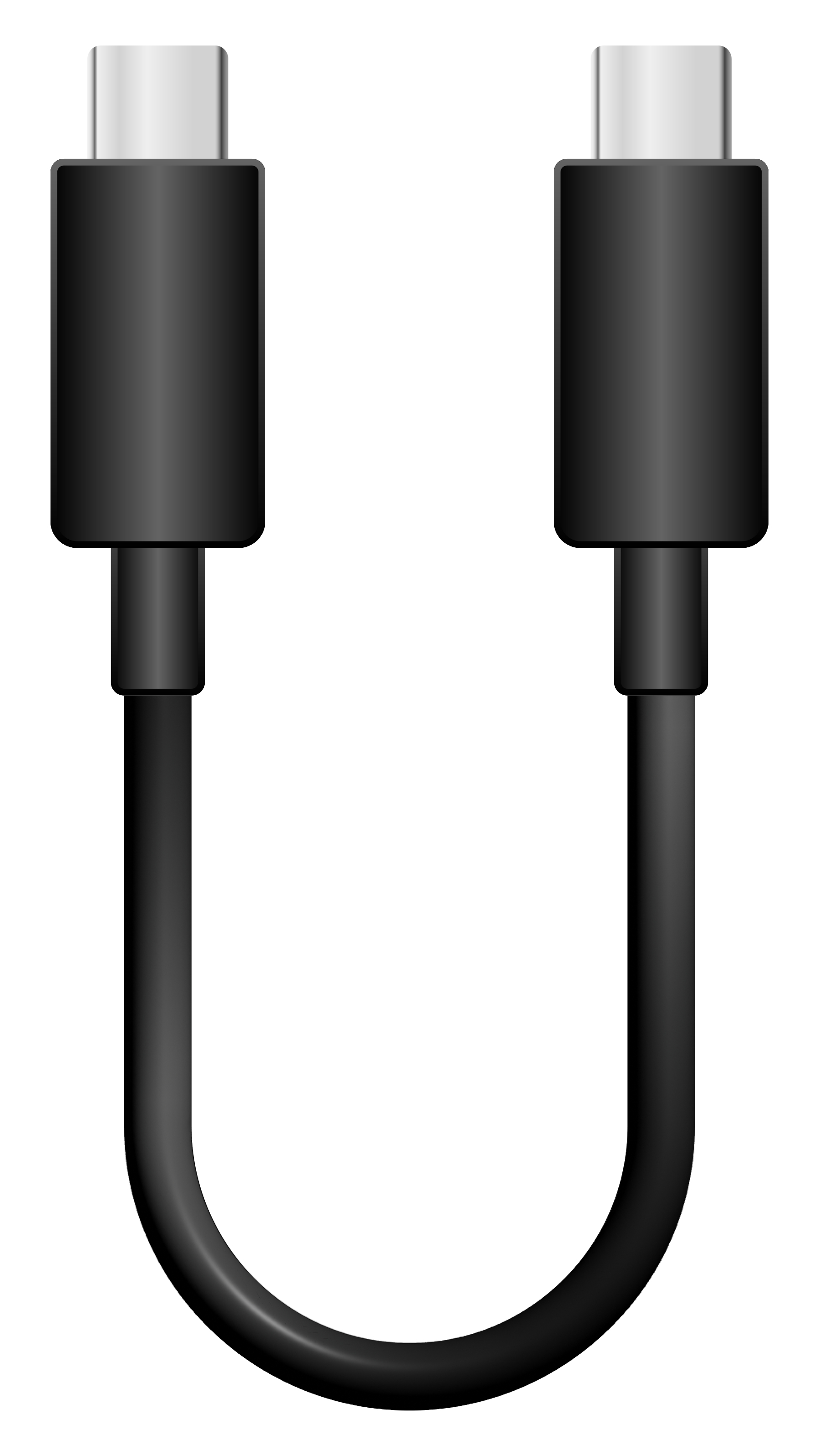 Ein schwarzes USB-C-Kabel in Form eines „U“ vor weißem Hintergrund. Die Stecker sind silberfarben.