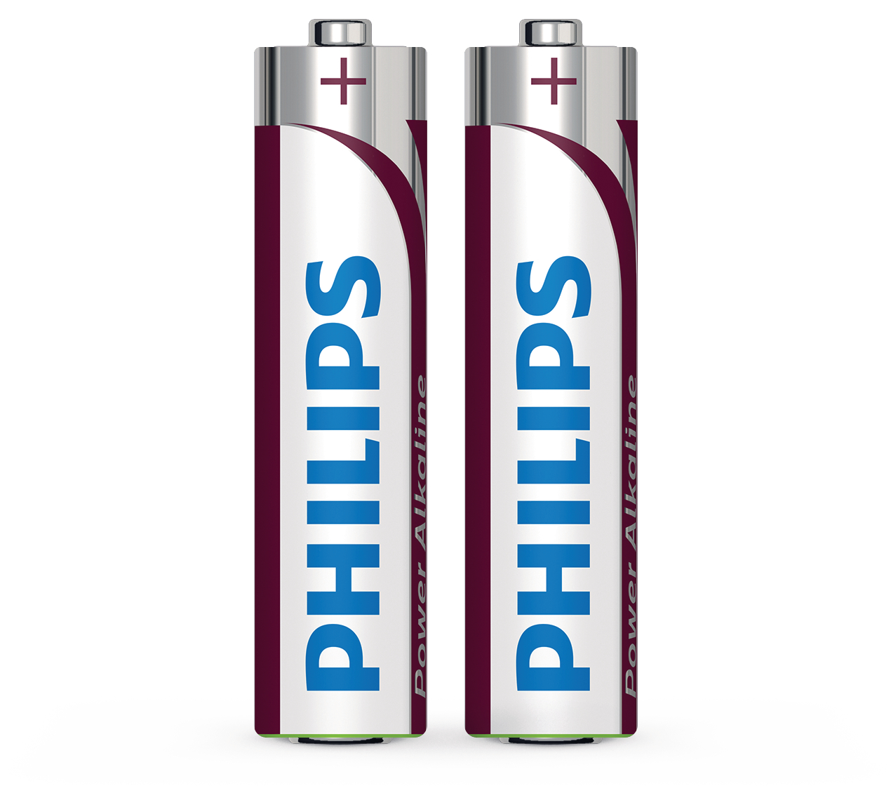 Zwei Philips AA-Alkalibatterien. Silberner Deckel, weißer Körper mit blauem 'PHILIPS' und 'Power Alkaline' Text und einem burgunderfarbenen Streifen.