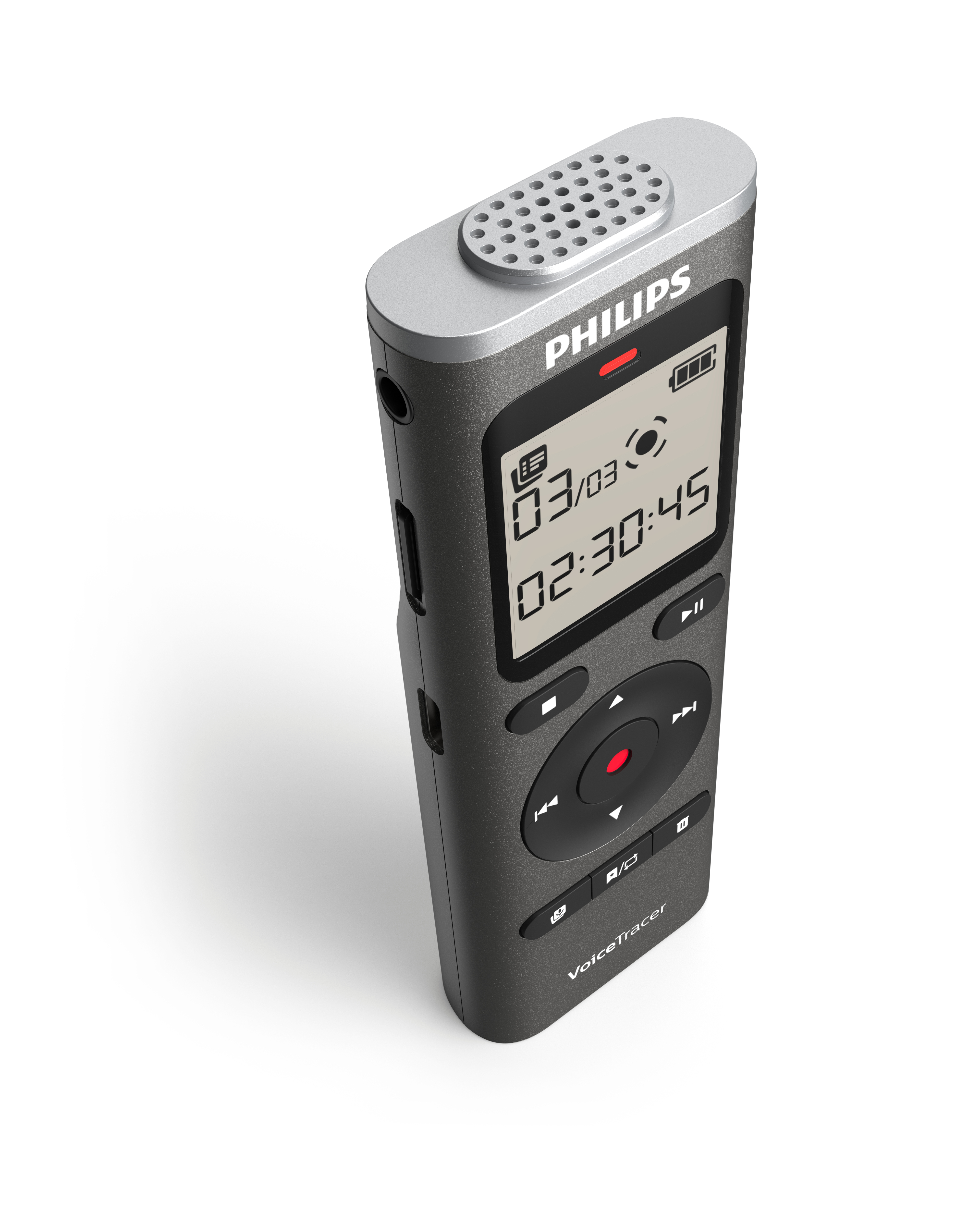 Ein schwarzes und graues Philips VoiceTracer-Stimmaufnahmegerät. Es hat einen Bildschirm, der Datum und Uhrzeit anzeigt, sowie Tasten zur Steuerung.