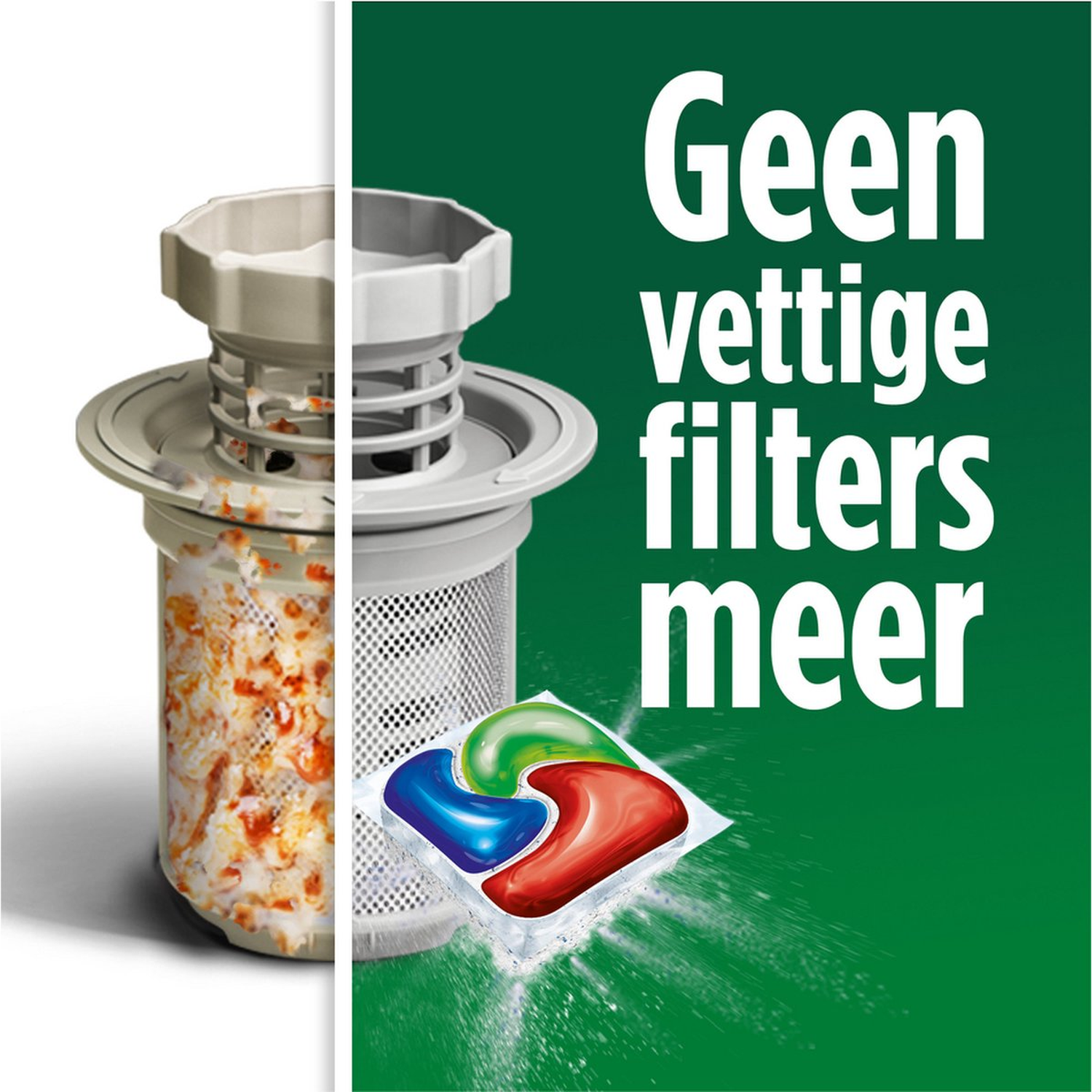 Image shows a dirty filter next to a Dish soap capsule. Green background with white text: No more greasy filters.