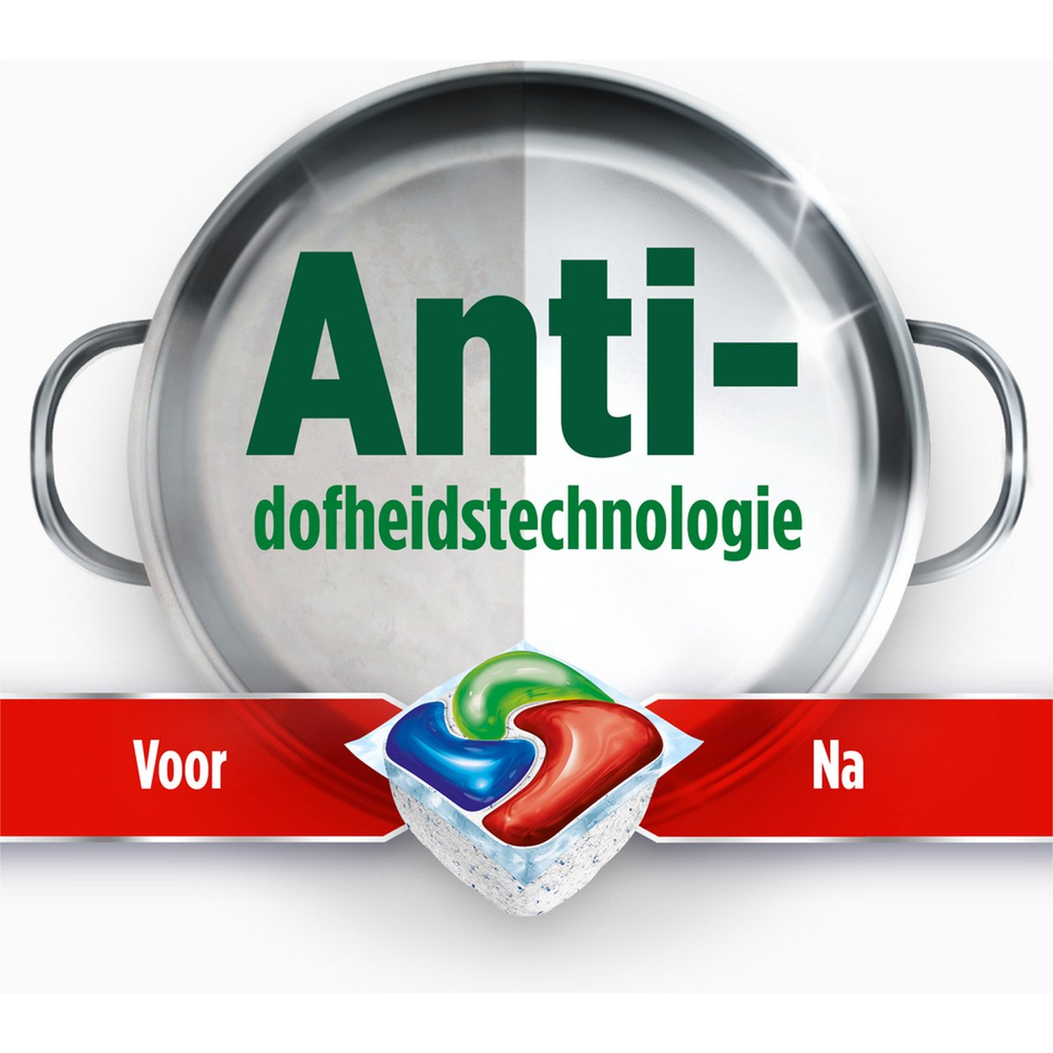 Image shows a pan with text 'Anti-dofheidstechnologie'. Below is a red bar with 'Voor' and 'Na'. A detergent pod is in the middle.