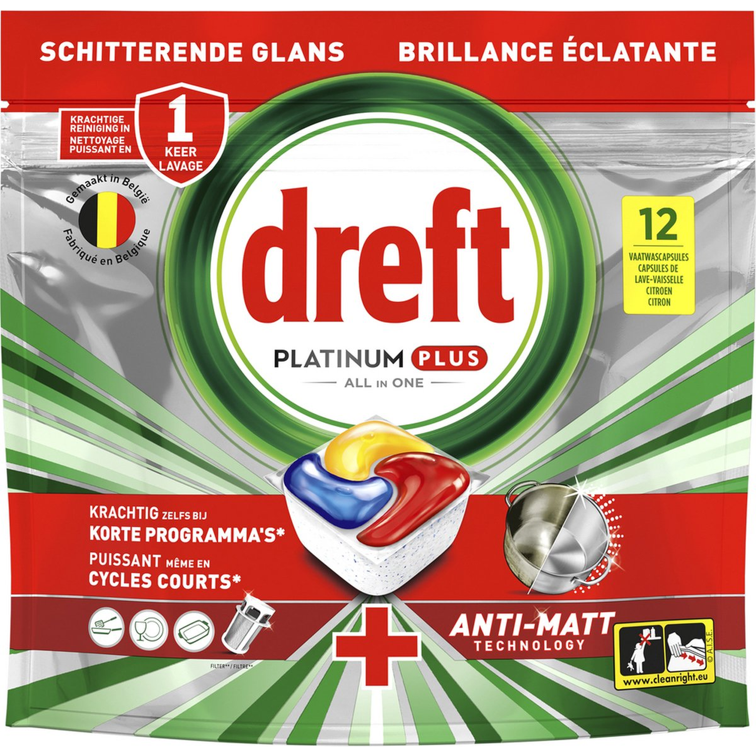 Dreft Platinum Plus dishwasher detergent pack. It shows a pack of capsules with the brand name and product features.