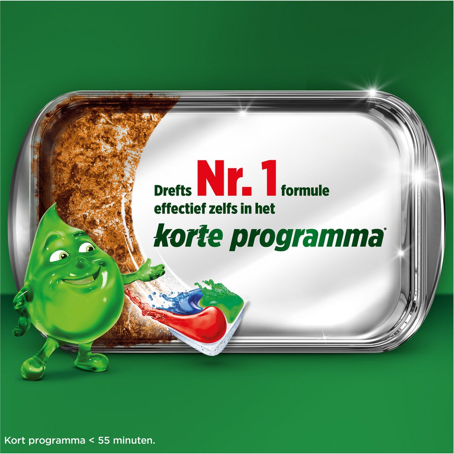 A green cartoon character points to a dishwashing tablet. A dirty pan is cleaned. Text says 'Nr. 1 formule, korte programma'.