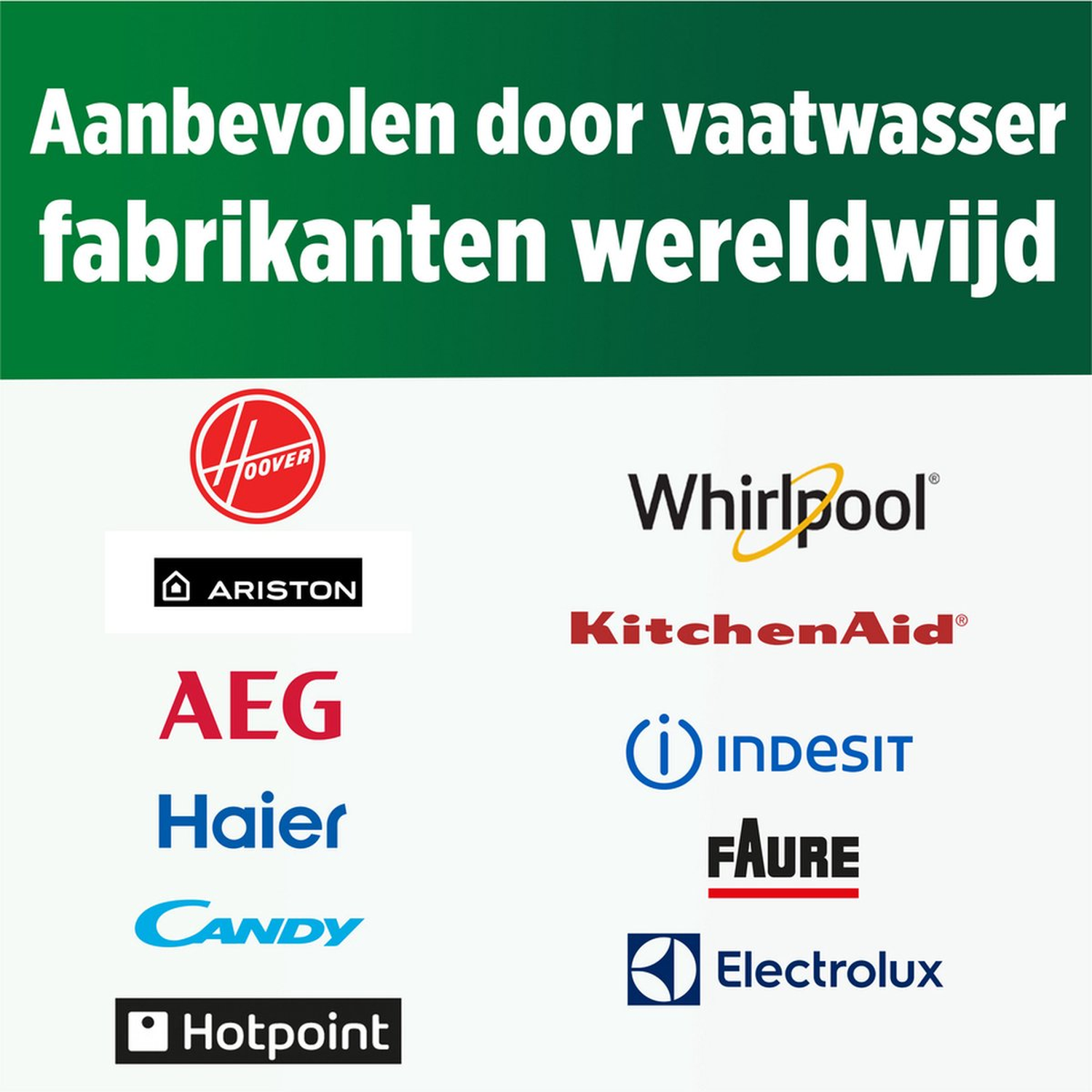 Image displays logos of appliance brands like Hoover, Whirlpool, Ariston, AEG, Haier, Candy, Hotpoint, Indesit, Faure, Electrolux. Text says "Recommended by manufacturers worldwide".