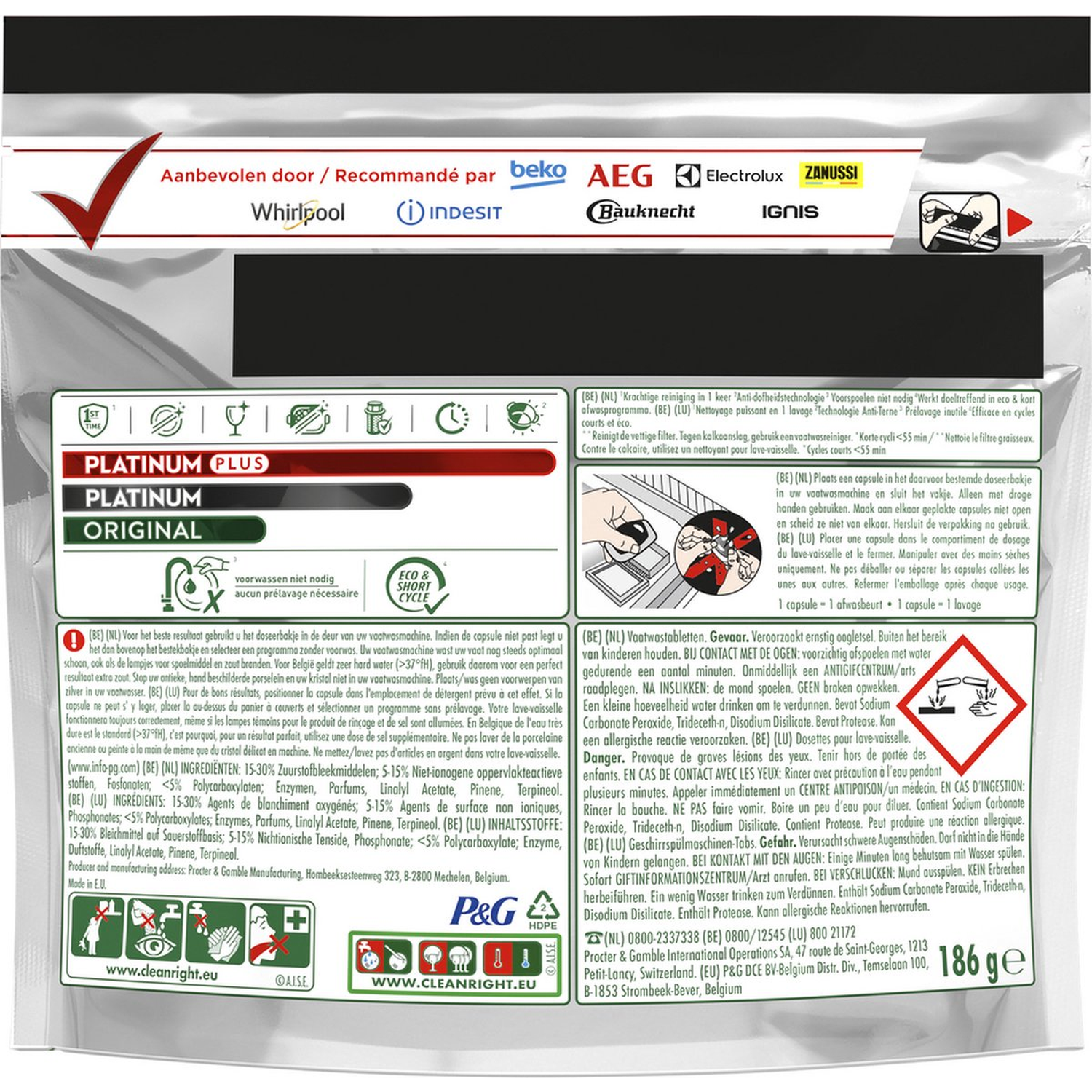 Dishwasher detergent package with text. Brands: Beko, Whirlpool, Indesit, AEG, Electrolux, Zanussi, Bauknecht, and Ignis.