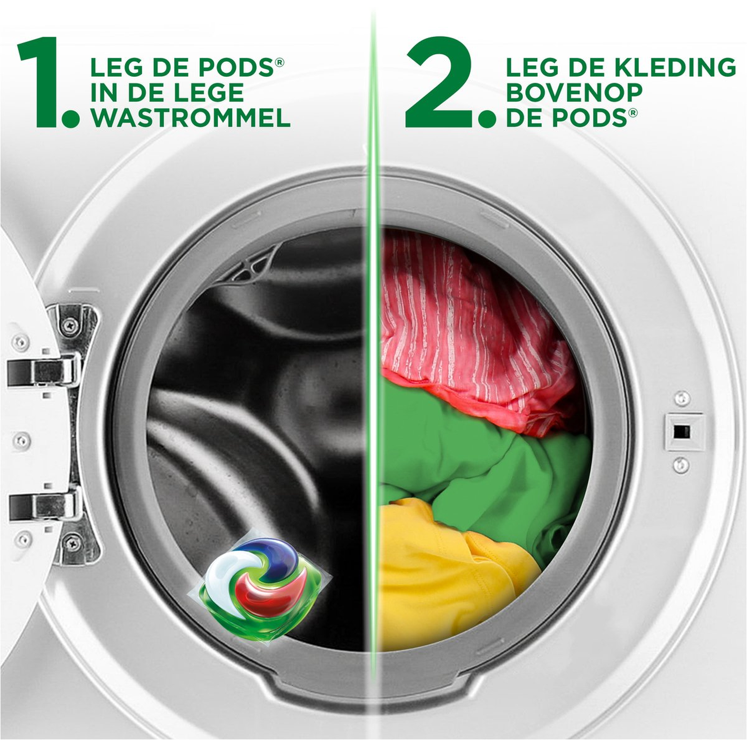 Een wasmachine met een wasmiddelpod en kleurrijke kleding. Instructies tonen eerst pod, dan kleding.