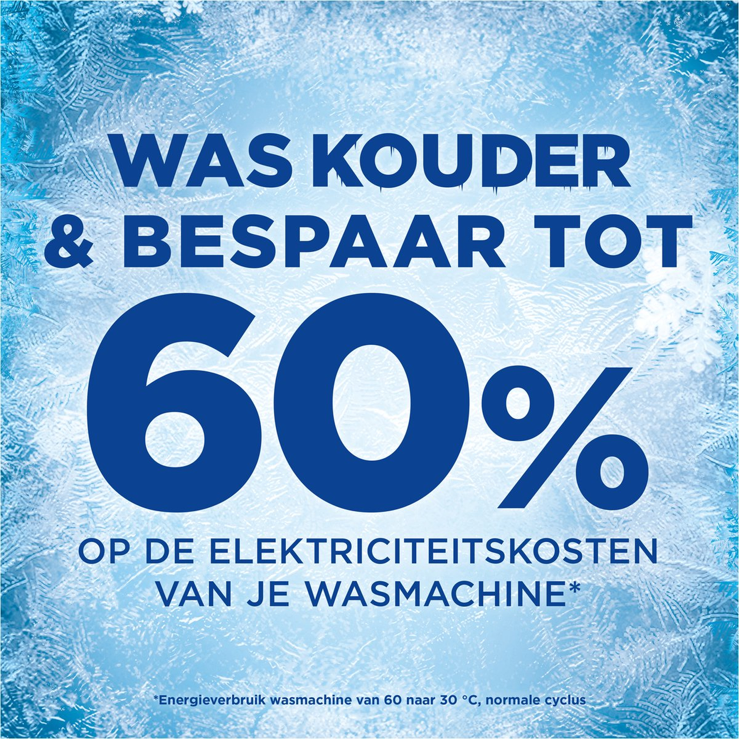 Blauwe tekst op een lichtblauwe, ijzige achtergrond. Het adverteert met 60% besparing op elektriciteitskosten voor wasmachines.