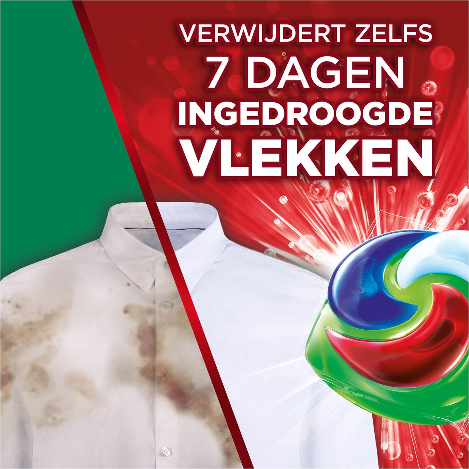 Advertentie toont een vies en schoon overhemd. Wasmiddel capsule zichtbaar. Tekst: verwijdert vlekken van 7 dagen.