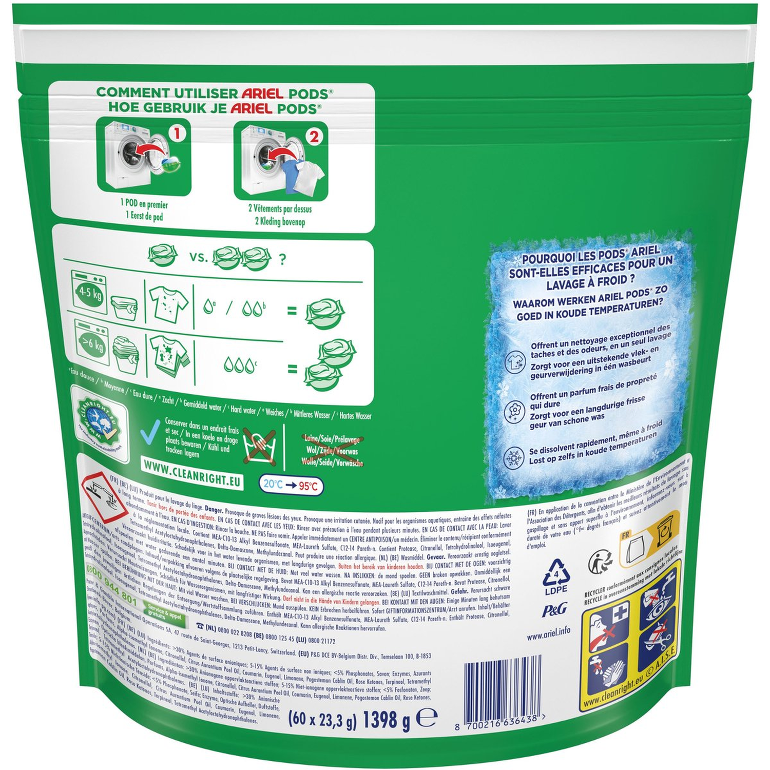 Ariel Pods wasmiddelverpakking. Instructies voor gebruik en wasmachine.