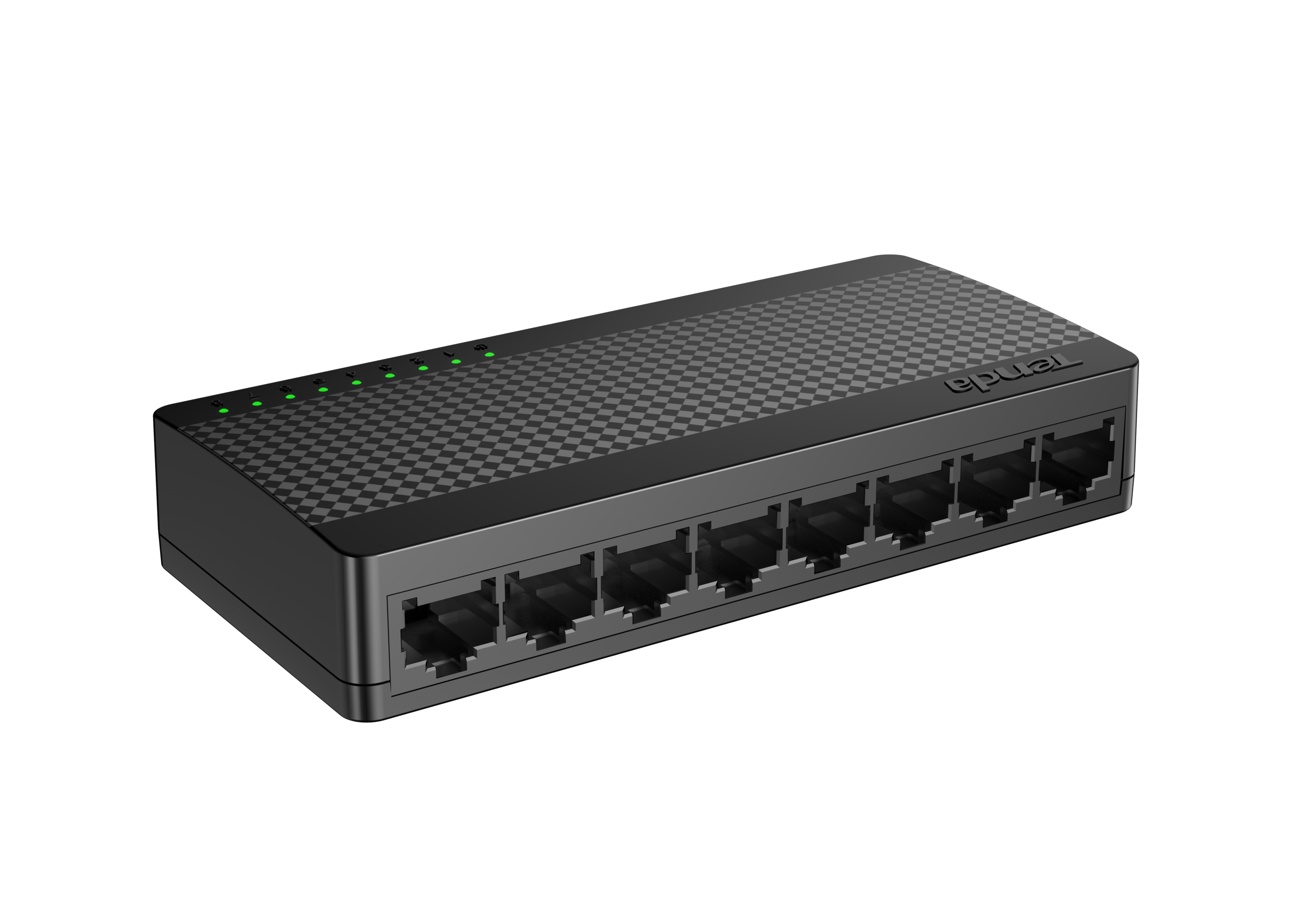 Yeşil gösterge ışıklı siyah Tenda ethernet anahtarı. Sekiz port görünür. Üst kısım dama desenine sahiptir.