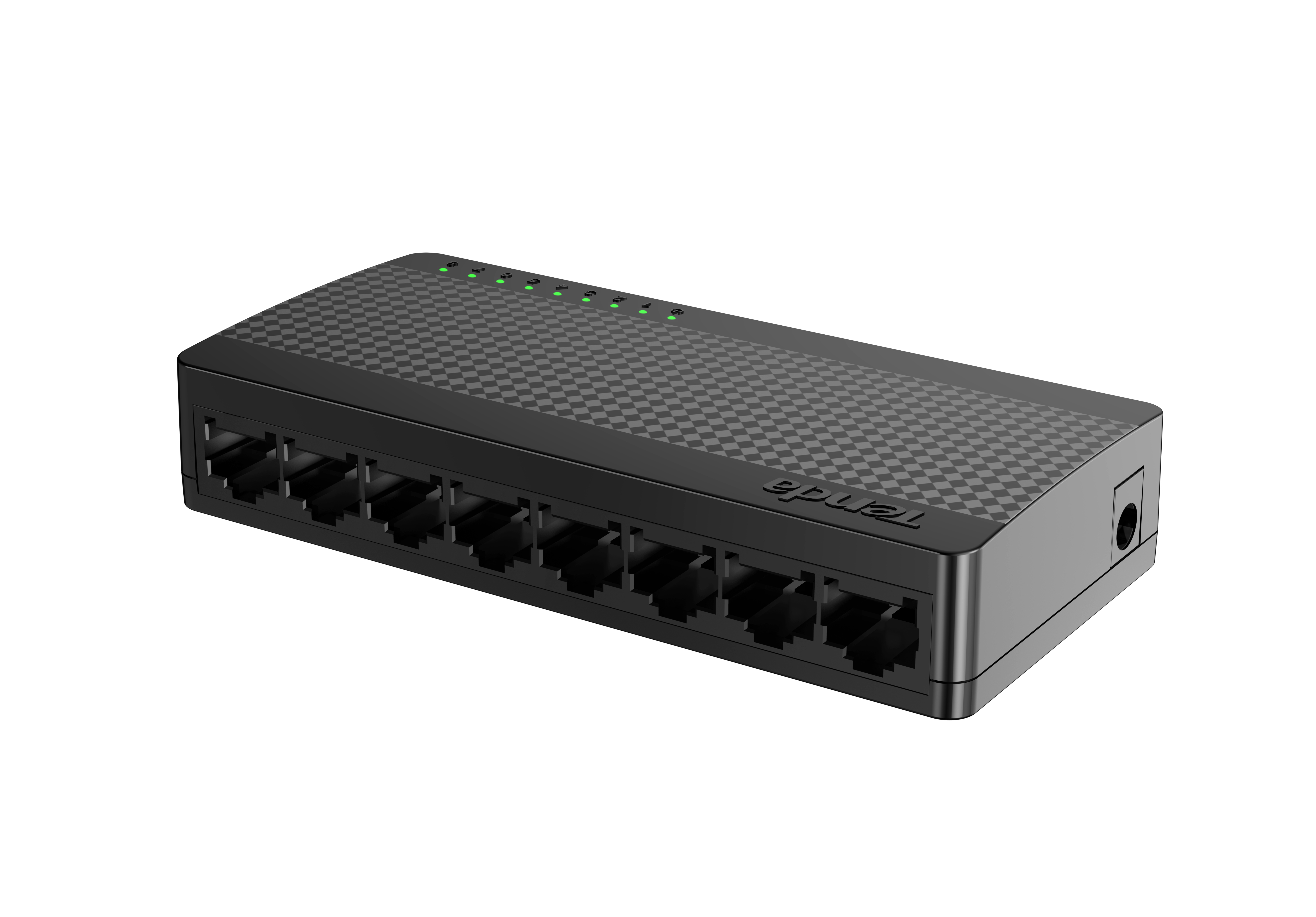 Siyah Tenda Ethernet anahtarı, 10 port, yeşil LED'ler ve kareli üst kısım. Beyaz arka plan.