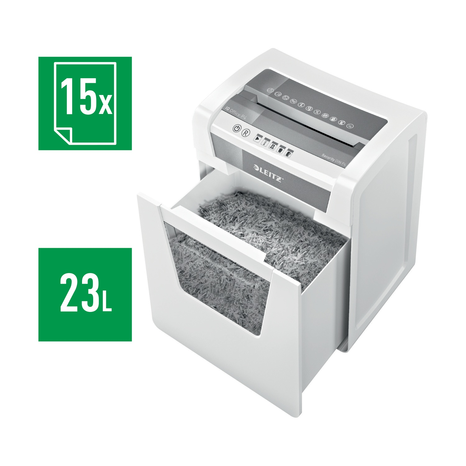 Un distruggidocumenti Leitz bianco con un cassetto pieno di carta sminuzzata. Scatole verdi indicano 15 fogli e capacità di 23L.