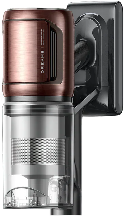 Un aspirateur sans fil. Il a une partie supérieure cuivrée avec la marque 'DREAME'. Le bac à poussière transparent montre des composants internes.