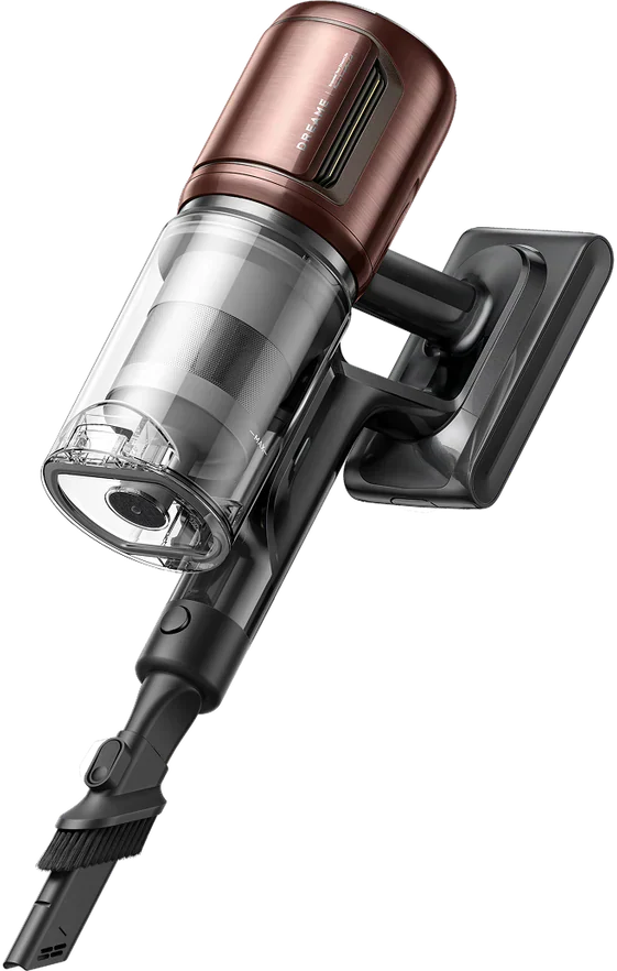 Un aspirateur sans fil avec un moteur cuivré, un bac à poussière transparent, une poignée et une tête de brosse noires.