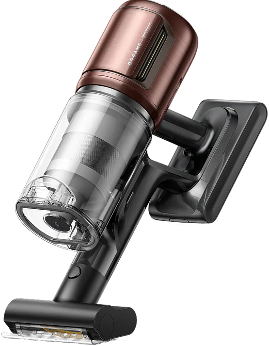 Un aspirateur sans fil avec un moteur de couleur bronze et un bac à poussière transparent. La poignée et la base sont noires.
