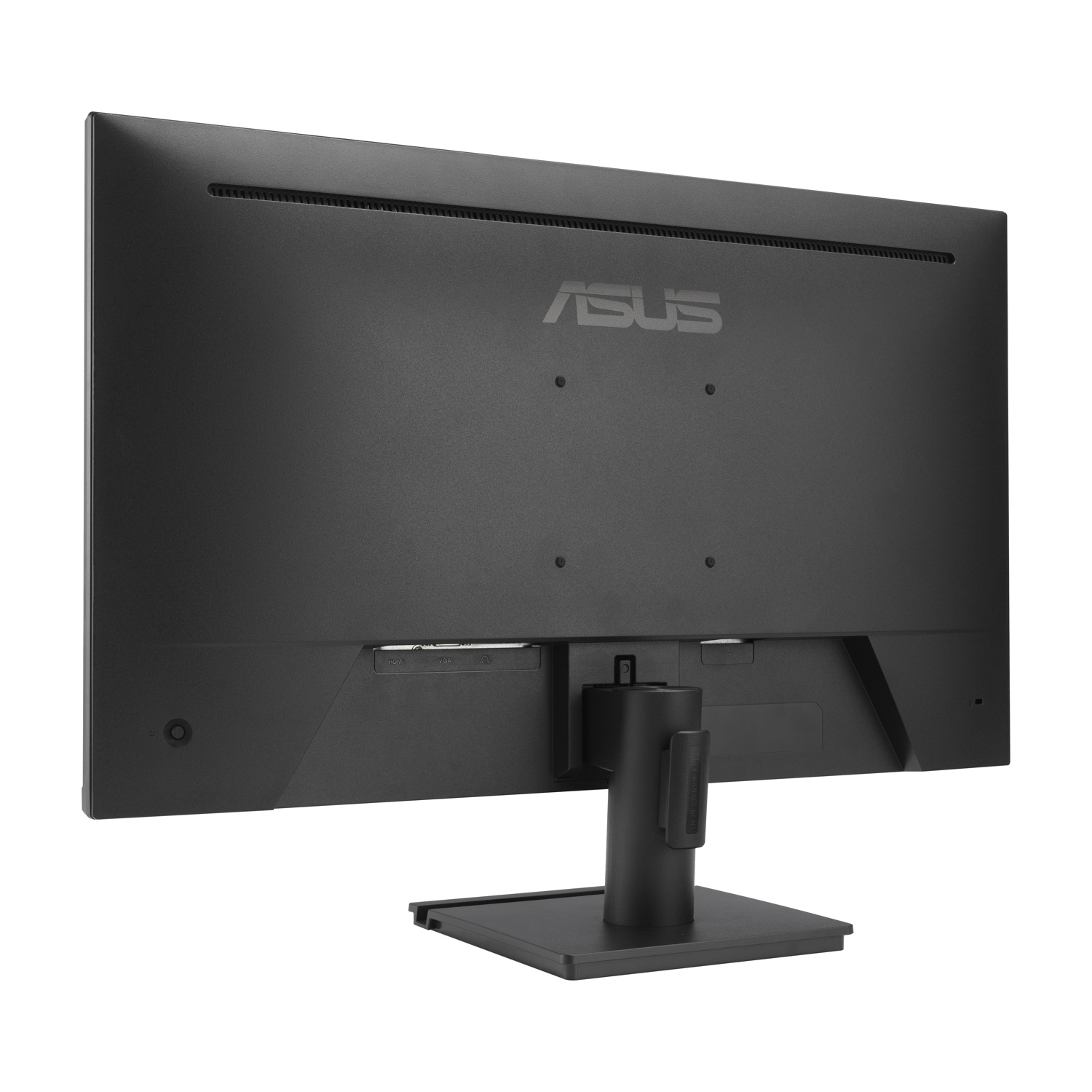 Vista posteriore di un monitor ASUS nero. Il logo ASUS è visibile. Porte e supporto in basso. Lo sfondo è bianco.