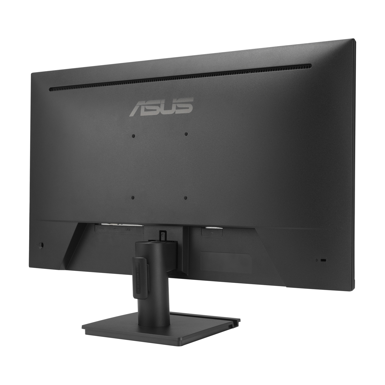 Vista posteriore di un monitor ASUS nero. Il supporto è nero e il logo ASUS è visibile. Il monitor ha un design elegante e minimalista.