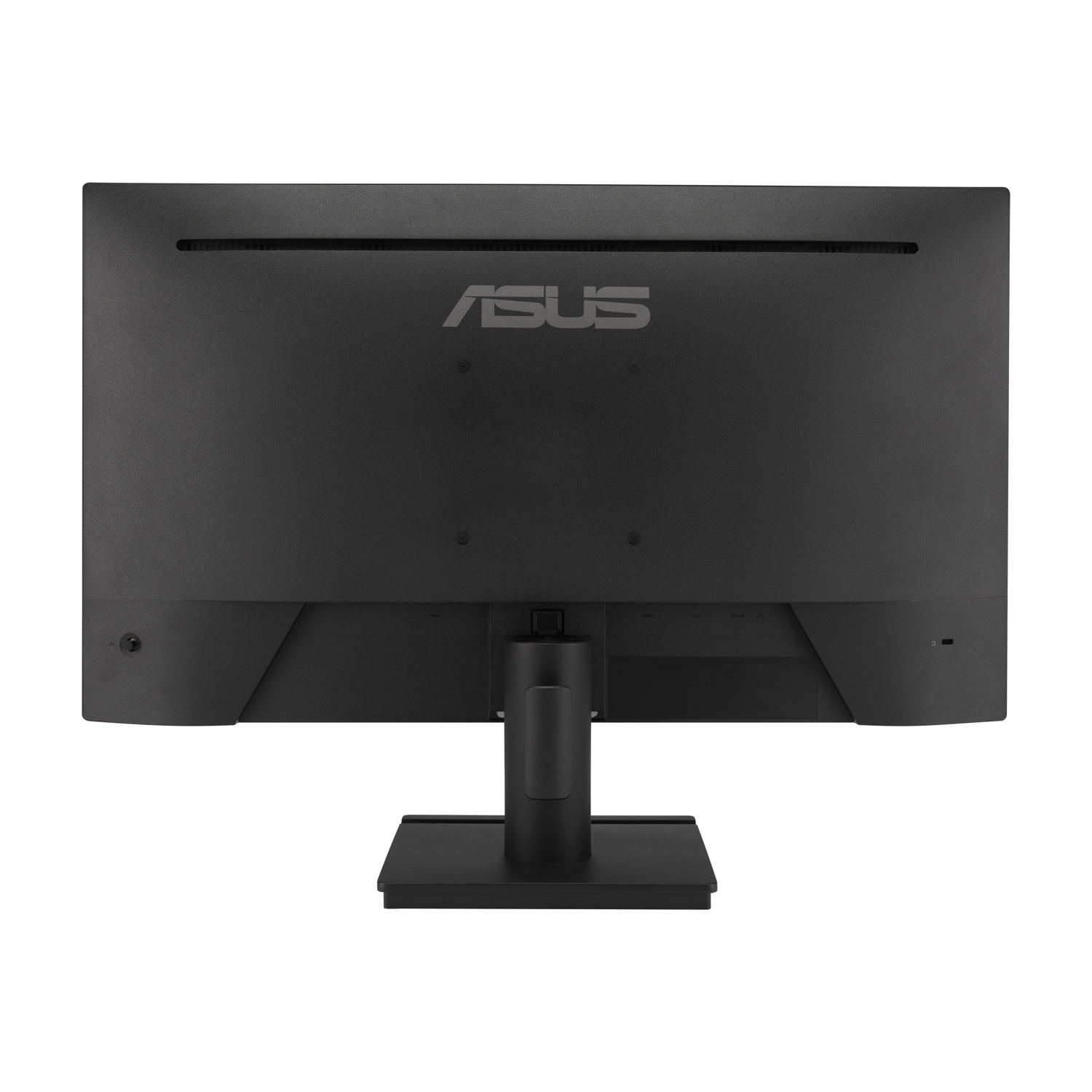 La parte posteriore di un monitor del computer nero. Il logo ASUS è visibile. Il monitor è su un supporto nero, con porte in basso.