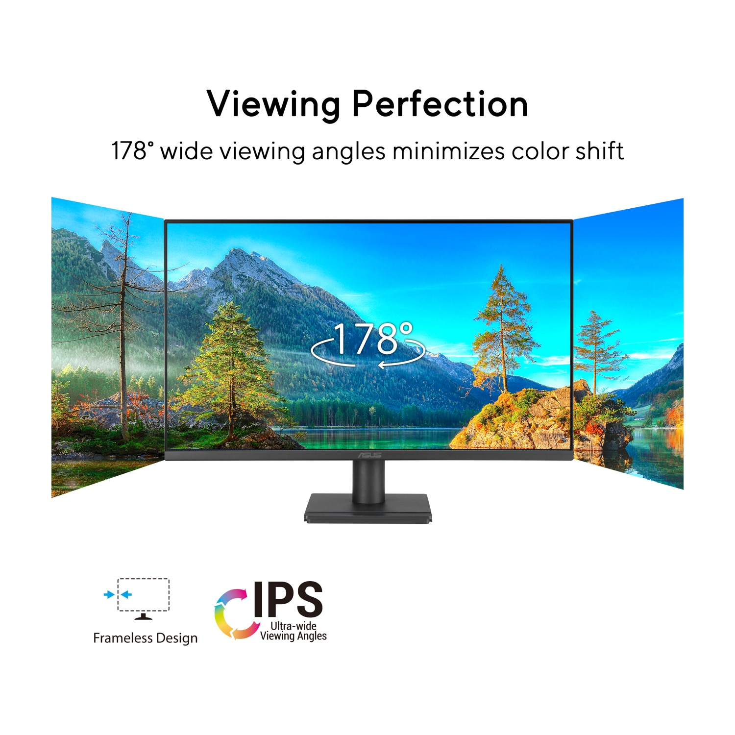 Un monitor mostra un paesaggio. Il testo evidenzia gli angoli di visione di 178°. Le icone indicano design senza cornice e IPS ultra-wide.