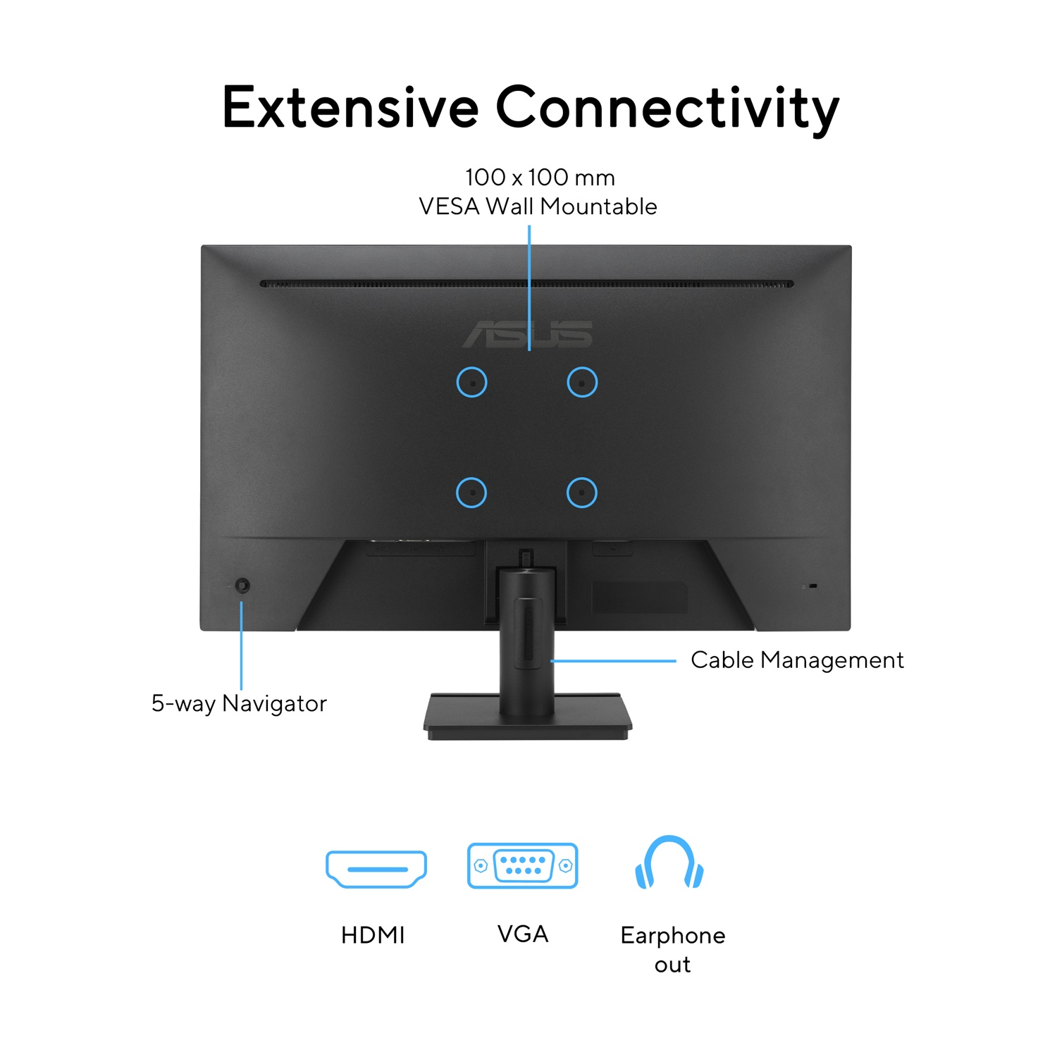 Retro di un monitor con opzioni di connettività: HDMI, VGA, uscita cuffie. Dispone di un navigatore a 5 vie e gestione dei cavi.