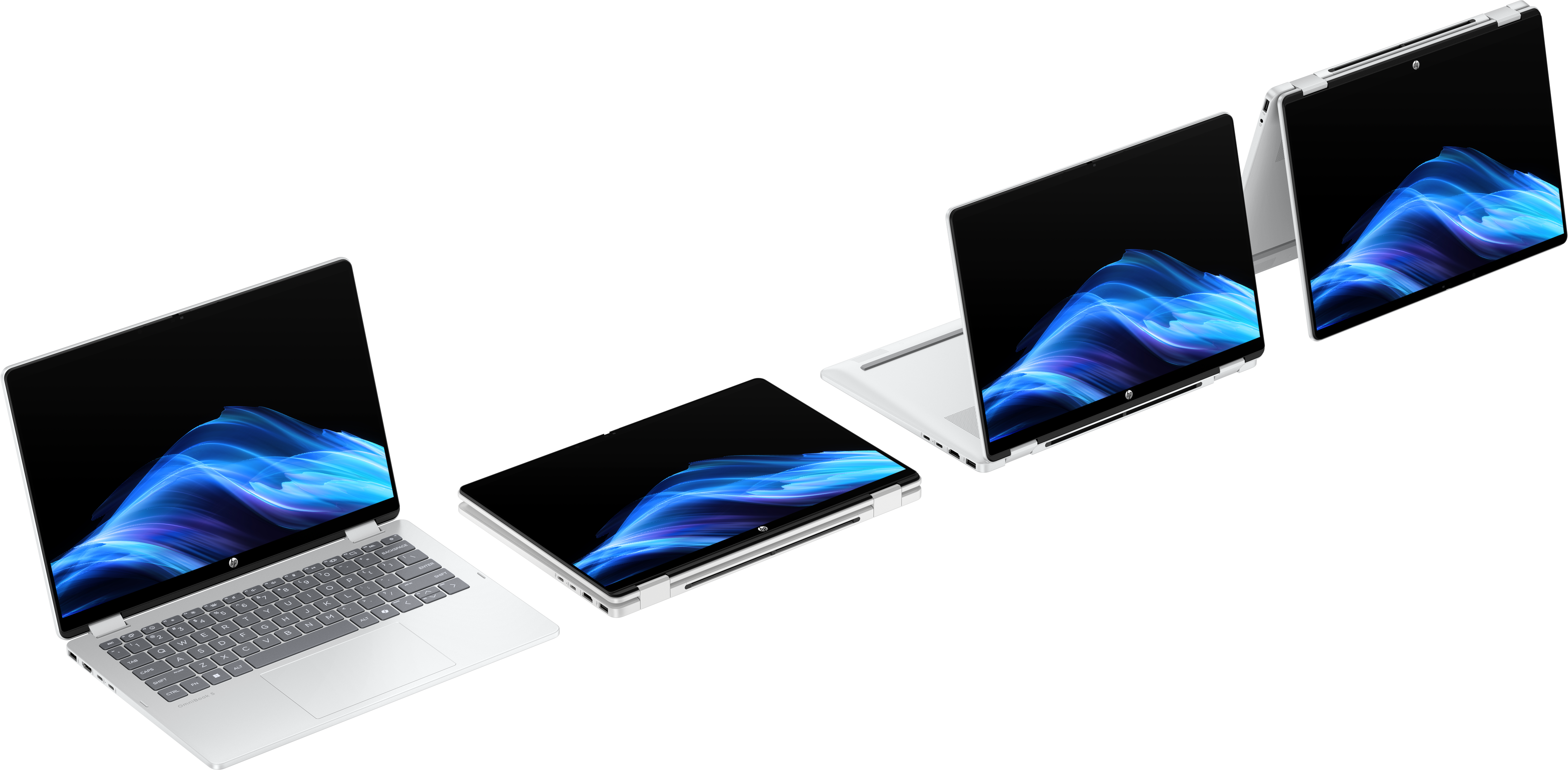 Vier HP-Laptops mit Bildschirmen, die ein abstraktes blau-weißes Design zeigen. Die Laptops befinden sich in verschiedenen geöffneten Positionen.