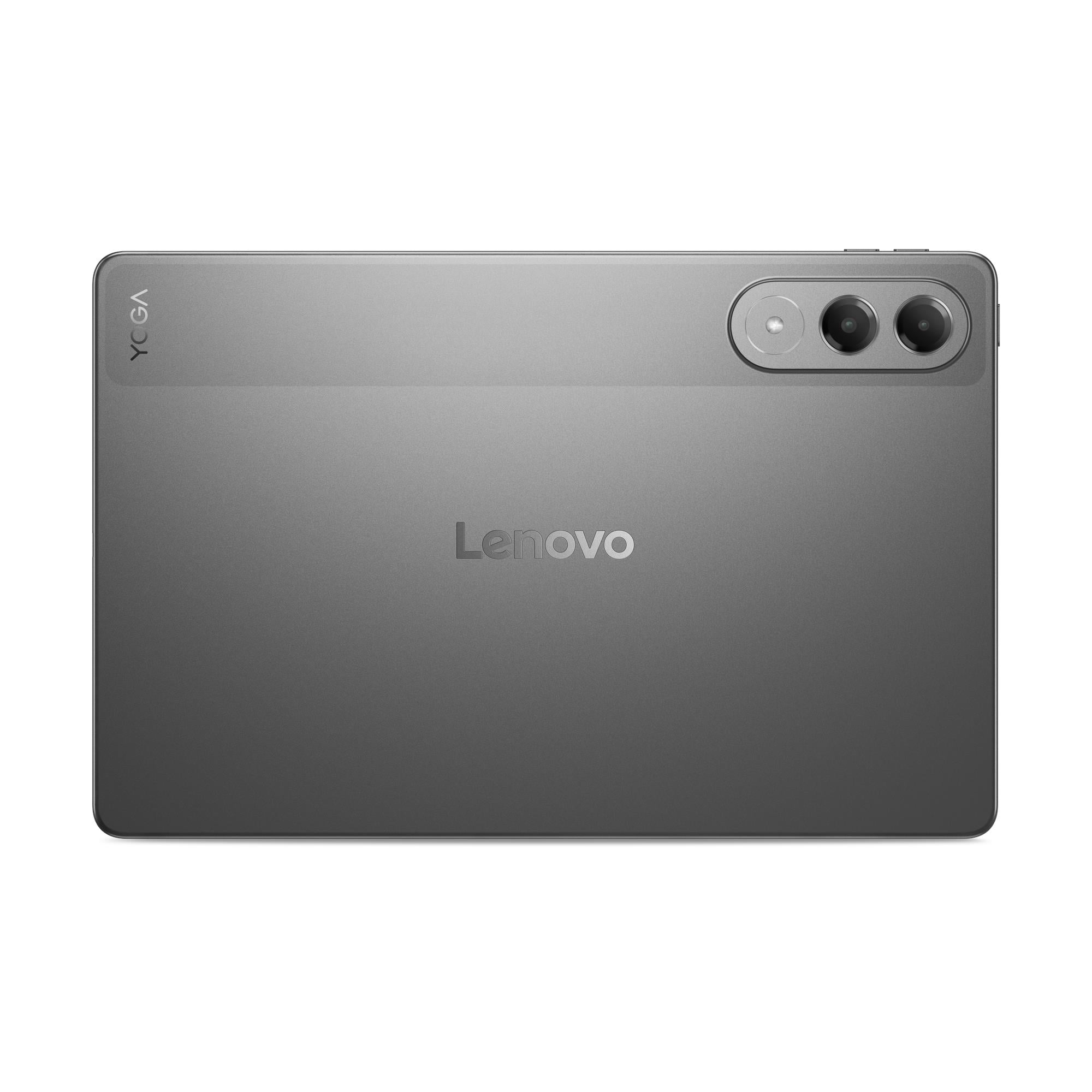 Graues Lenovo Yoga Tablet. Verfügt über ein Kameramodul mit drei Objektiven und das Lenovo-Logo.