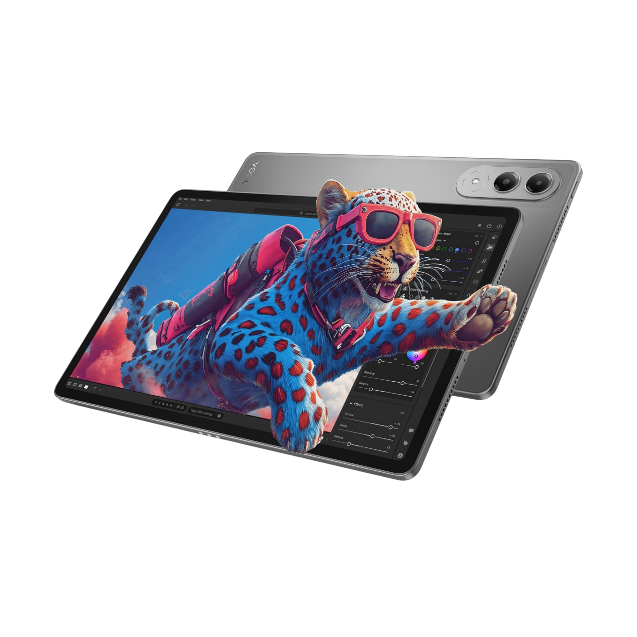 Ein Tablet zeigt einen Zeichentrick-Leoparden mit Sonnenbrille. Der Leopard fliegt aus dem Bildschirm auf schwarzem Hintergrund, mit einem zweiten Tablet.