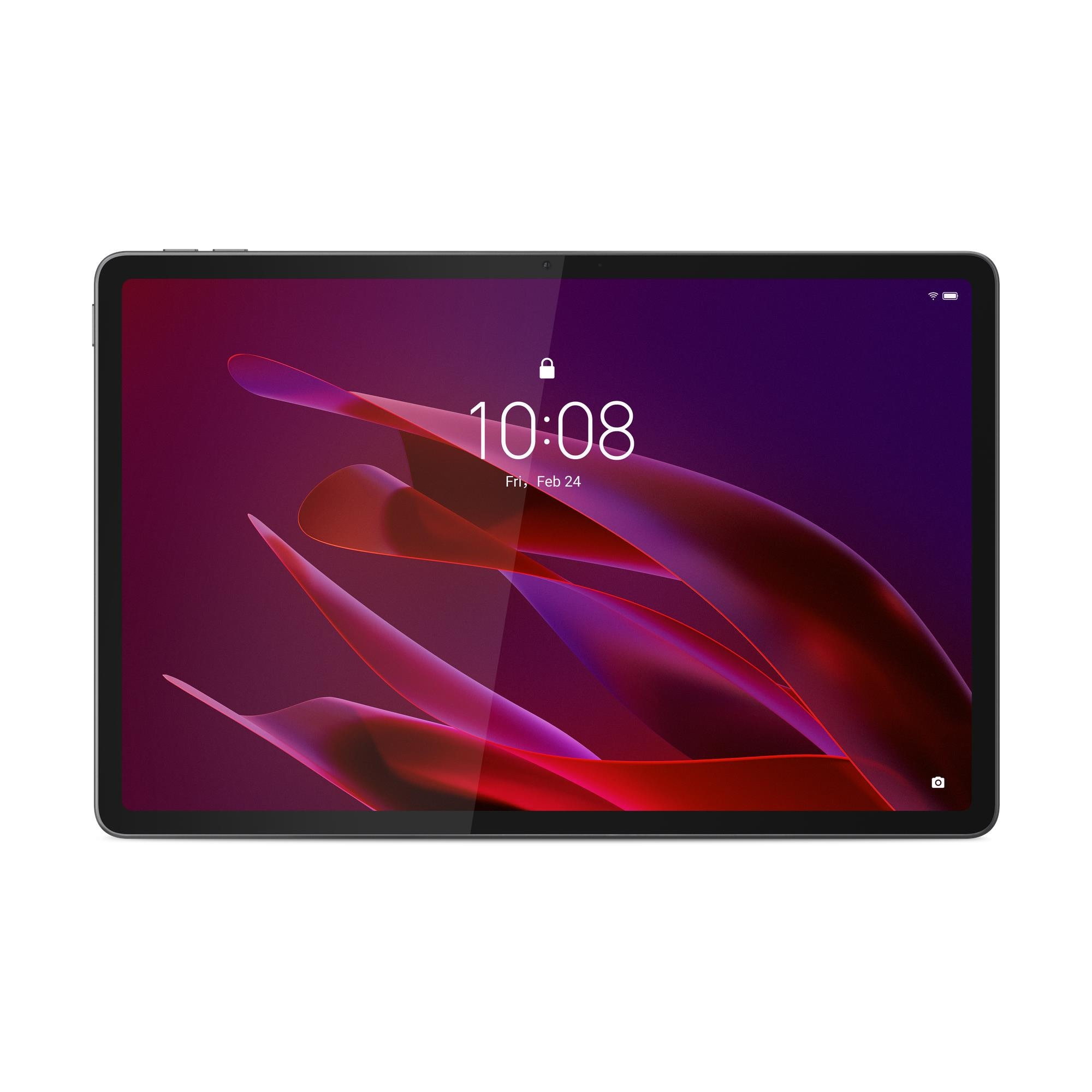 Ein Tablet mit einer Anzeige der Uhrzeit 10:08, 24. Februar. Der Hintergrund zeigt abstrakte rote und violette Formen.