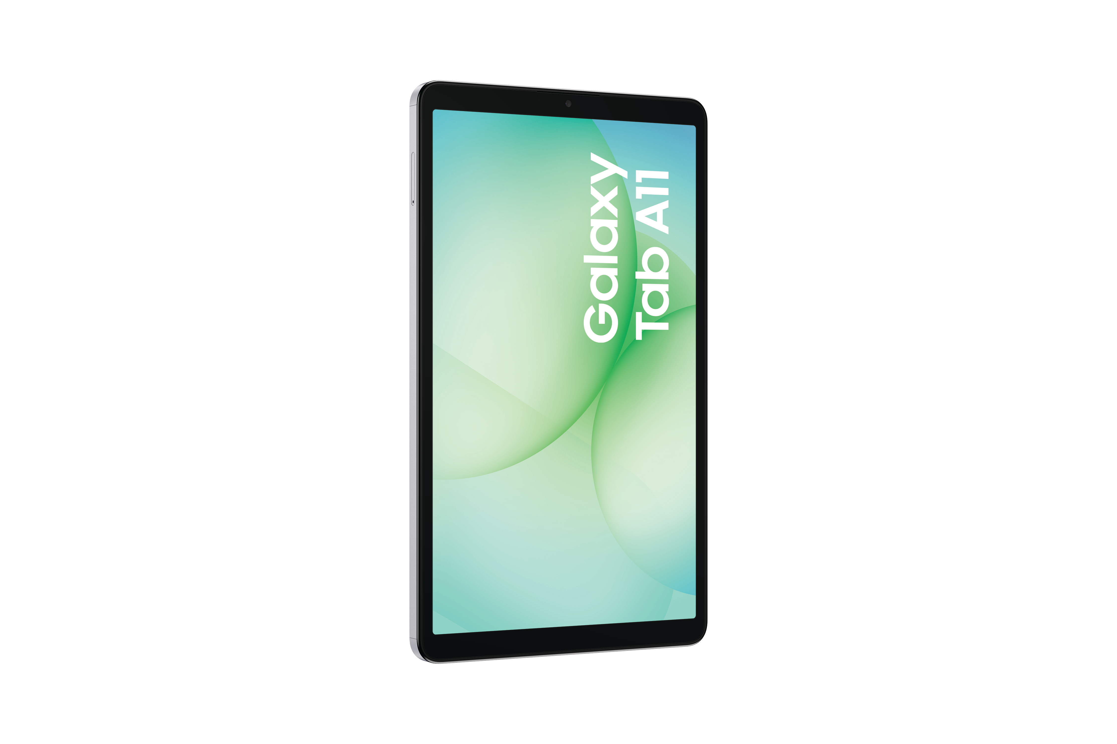 Ein Samsung Galaxy Tab A11-Tablet auf weißem Hintergrund. Der Bildschirm zeigt einen grün-blauen Farbverlauf.