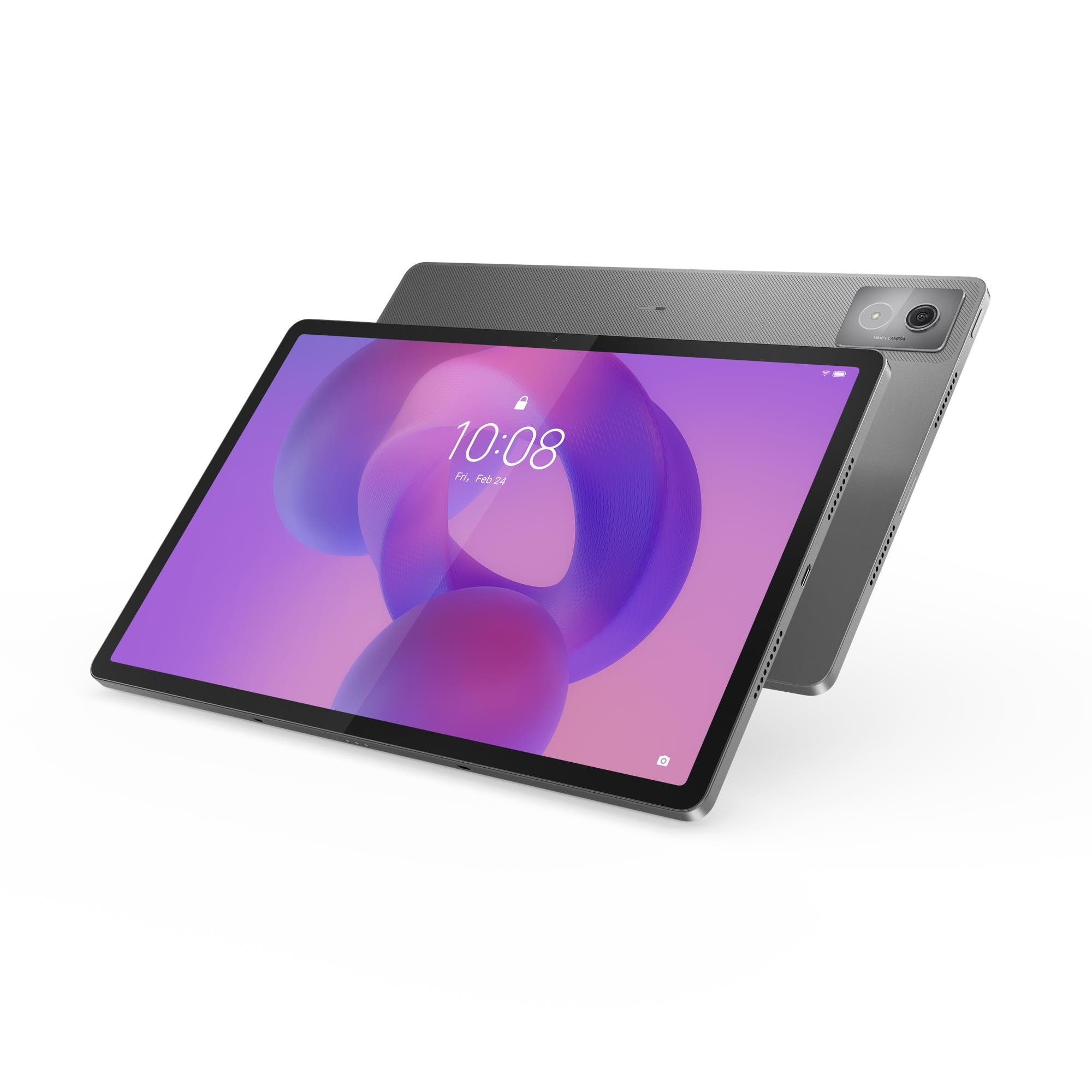 Zwei graue Tablets, eines vorne mit der Uhrzeit, das andere dahinter mit Kamera und strukturierter Rückseite.