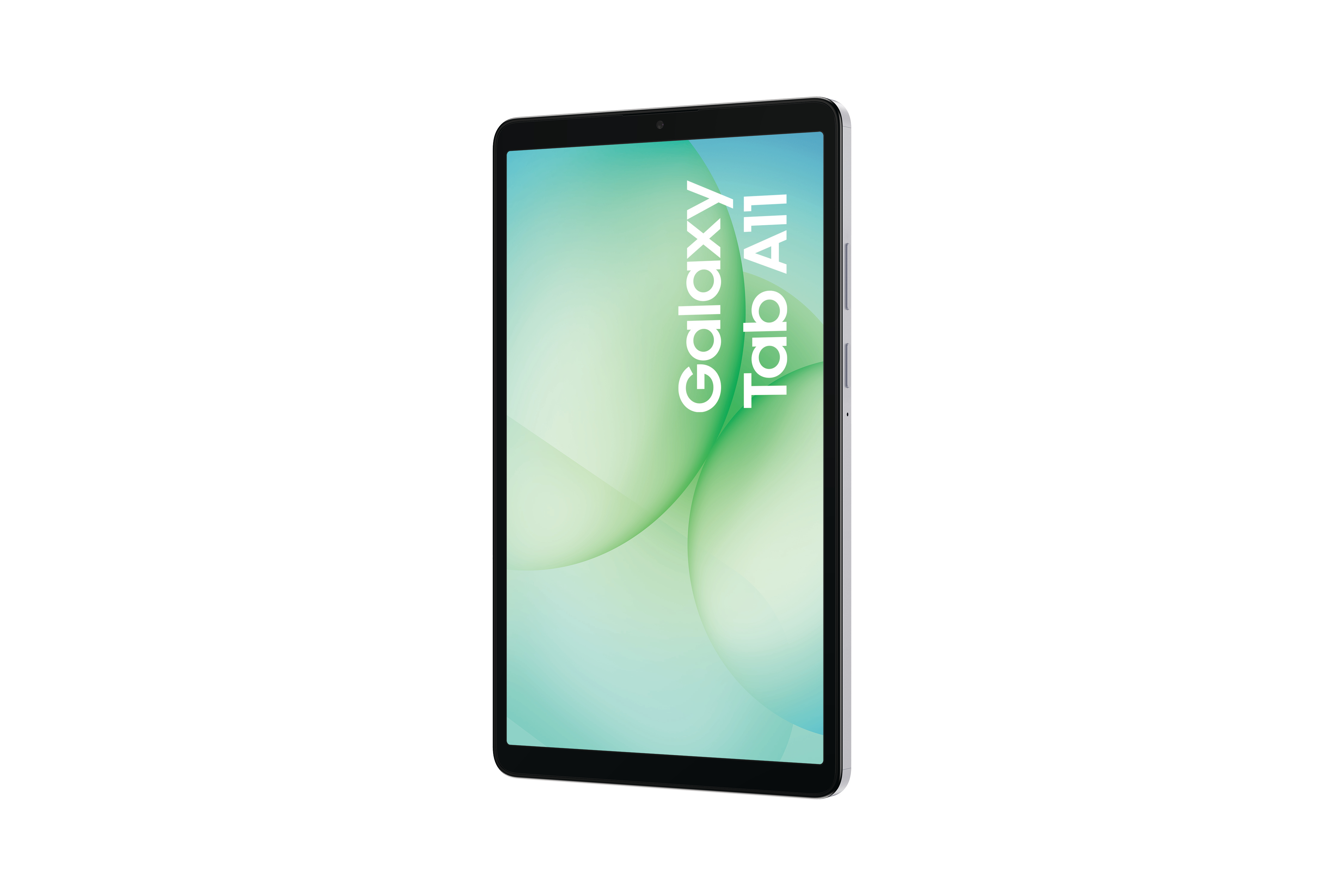 Ein Samsung Galaxy Tab A11-Tablet wird aufrecht gezeigt, wobei der Bildschirm einen grünen und weißen Farbverlauf zeigt.