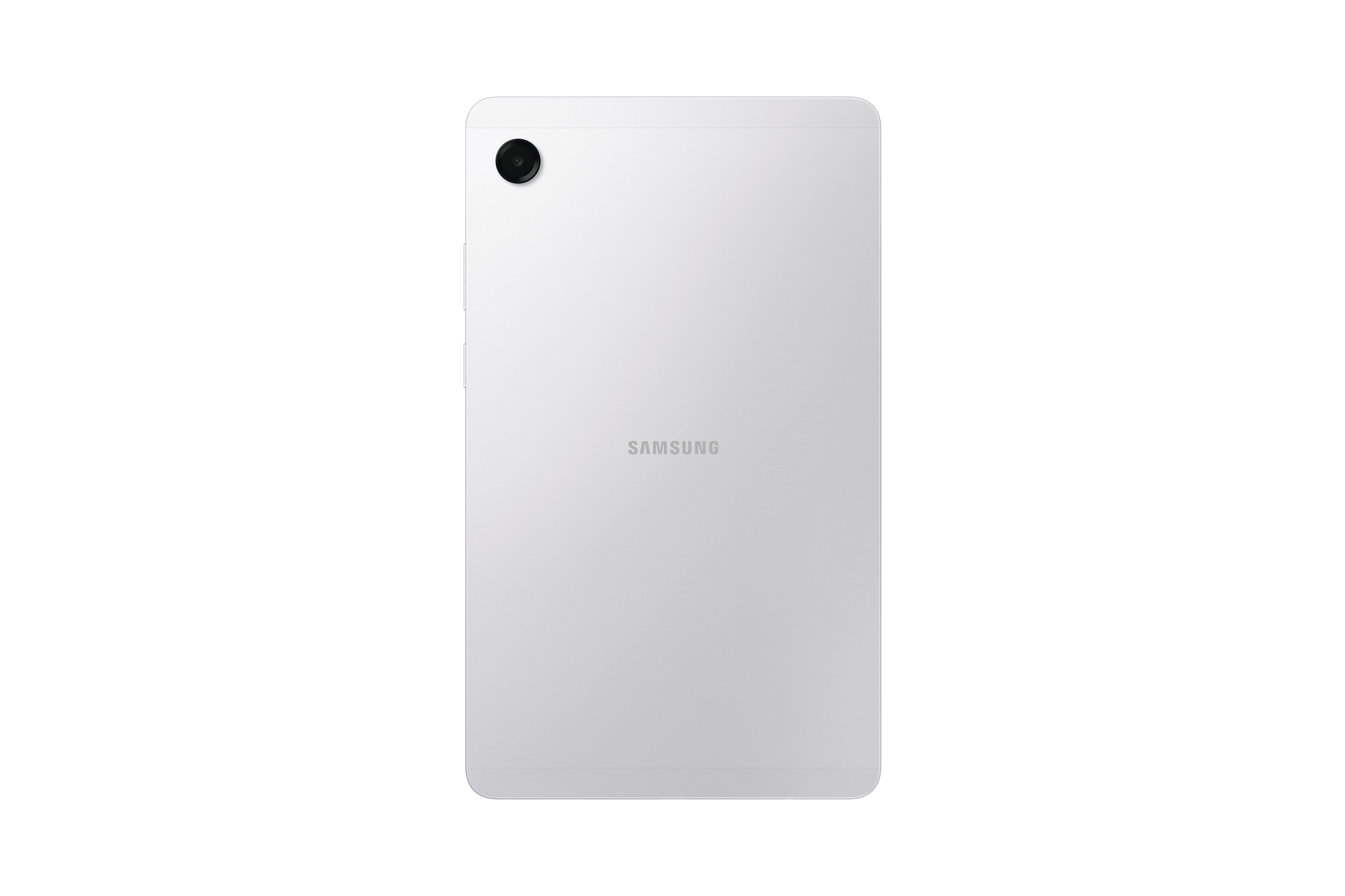 Rückseite eines weißen Samsung-Tablets. Oben links befindet sich ein Kameraobjektiv und in der Mitte das Samsung-Logo.