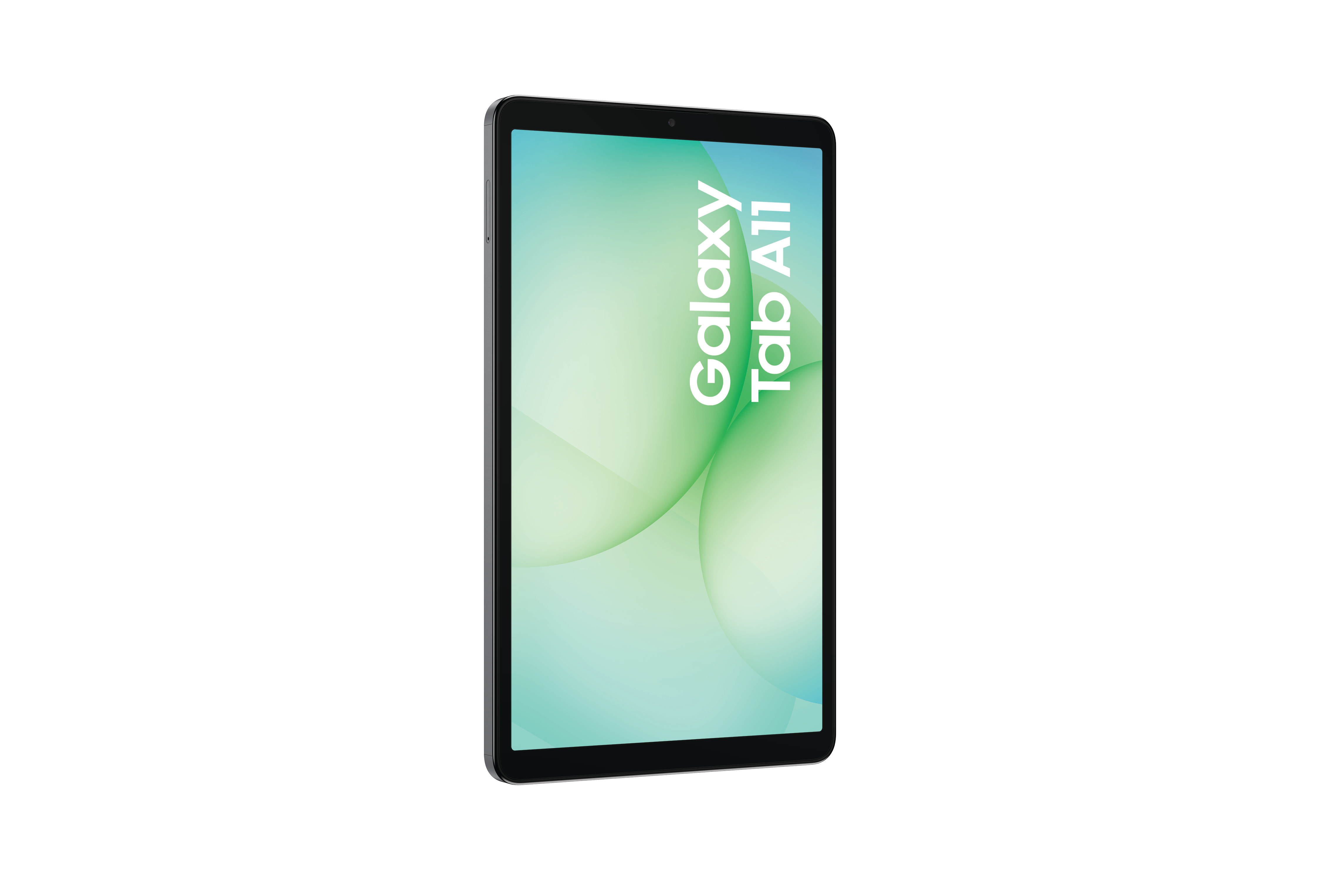 Ein Samsung Galaxy Tab A11 Tablet. Der Bildschirm zeigt einen hellgrünen und blauen Farbverlauf. Der Hintergrund ist weiß.