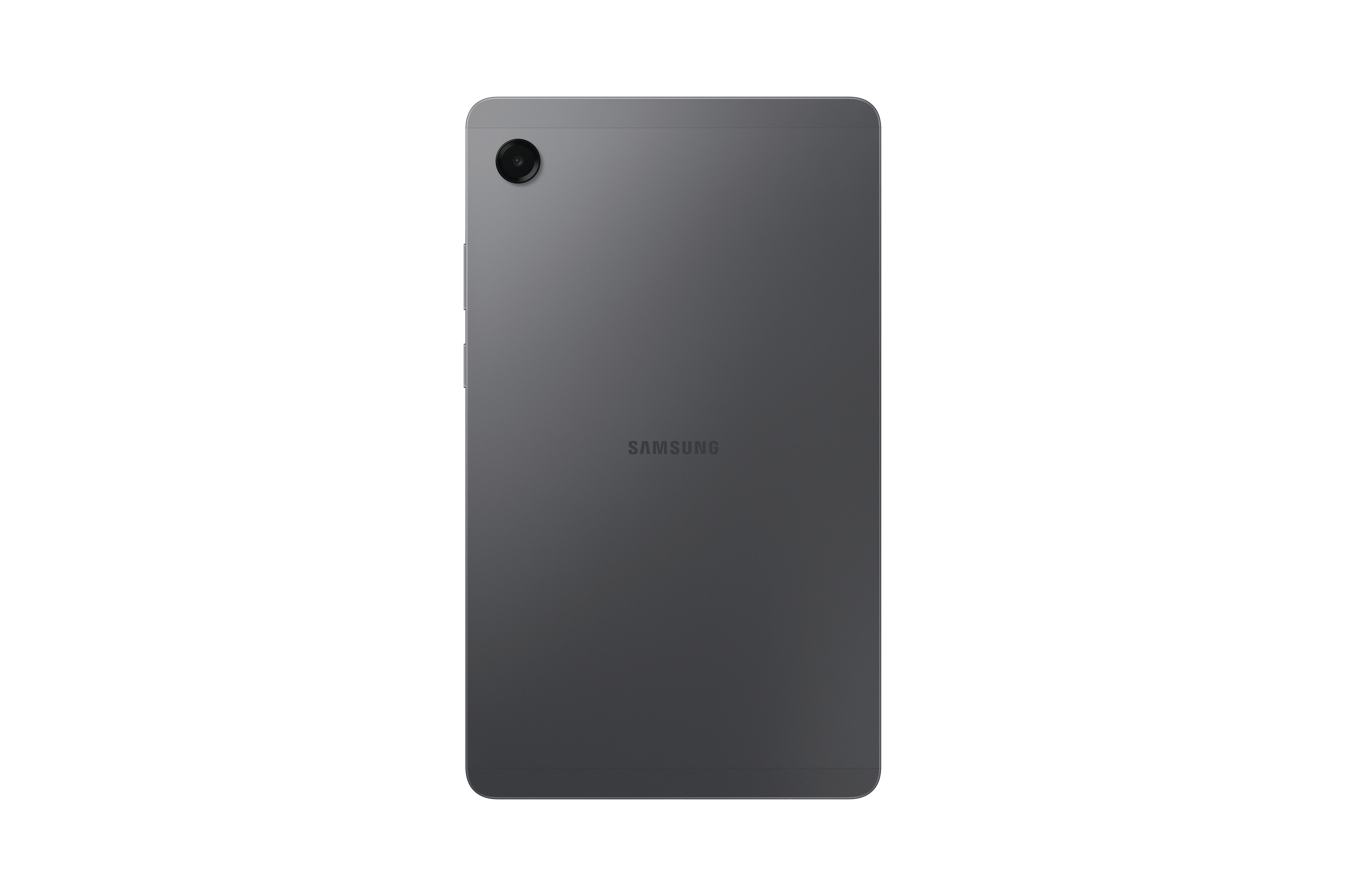 Rückseite eines grauen Samsung-Tablets. Oben befindet sich ein Kameraobjektiv. Das Samsung-Logo ist mittig.