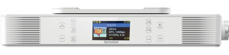 Białe radio z wyświetlaczem pokazującym 'TOK FM' i zegar. Posiada przyciski i górny uchwyt.