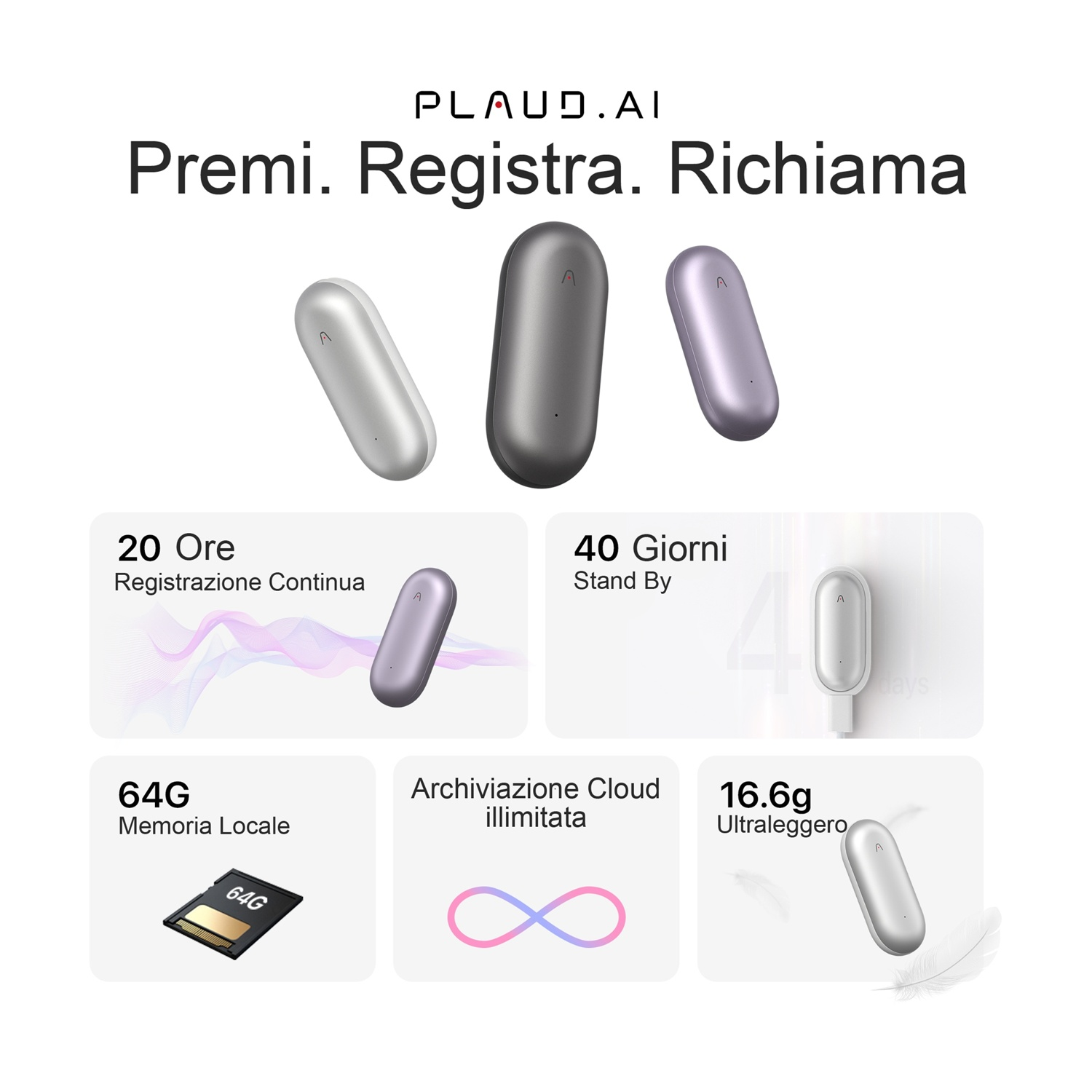 L'immagine presenta tre auricolari, informazioni su archiviazione, tempo di registrazione e peso. Il marchio è PLAUD.AI.