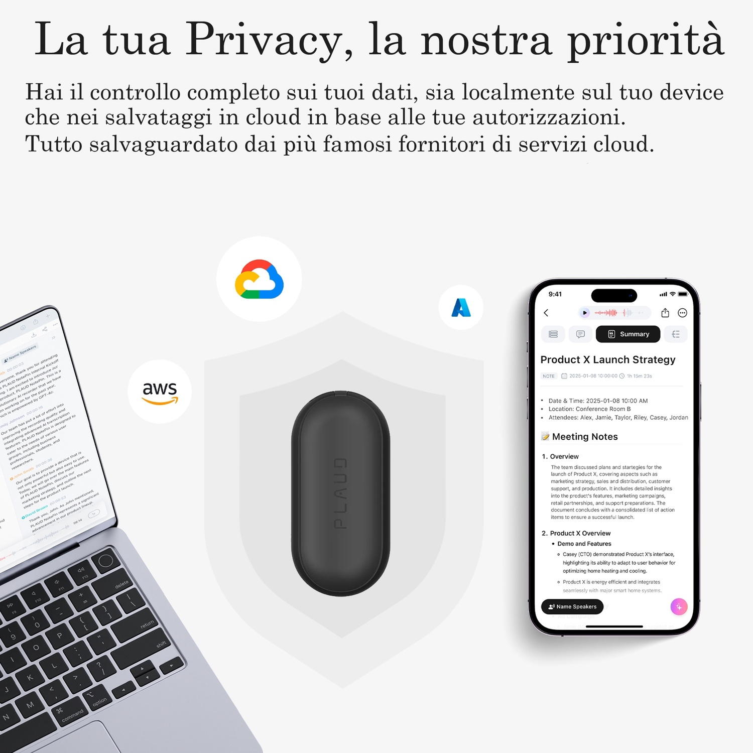 Laptop, telefono e dispositivo nero. Testo italiano su privacy e servizi cloud. Loghi di AWS e una nuvola.