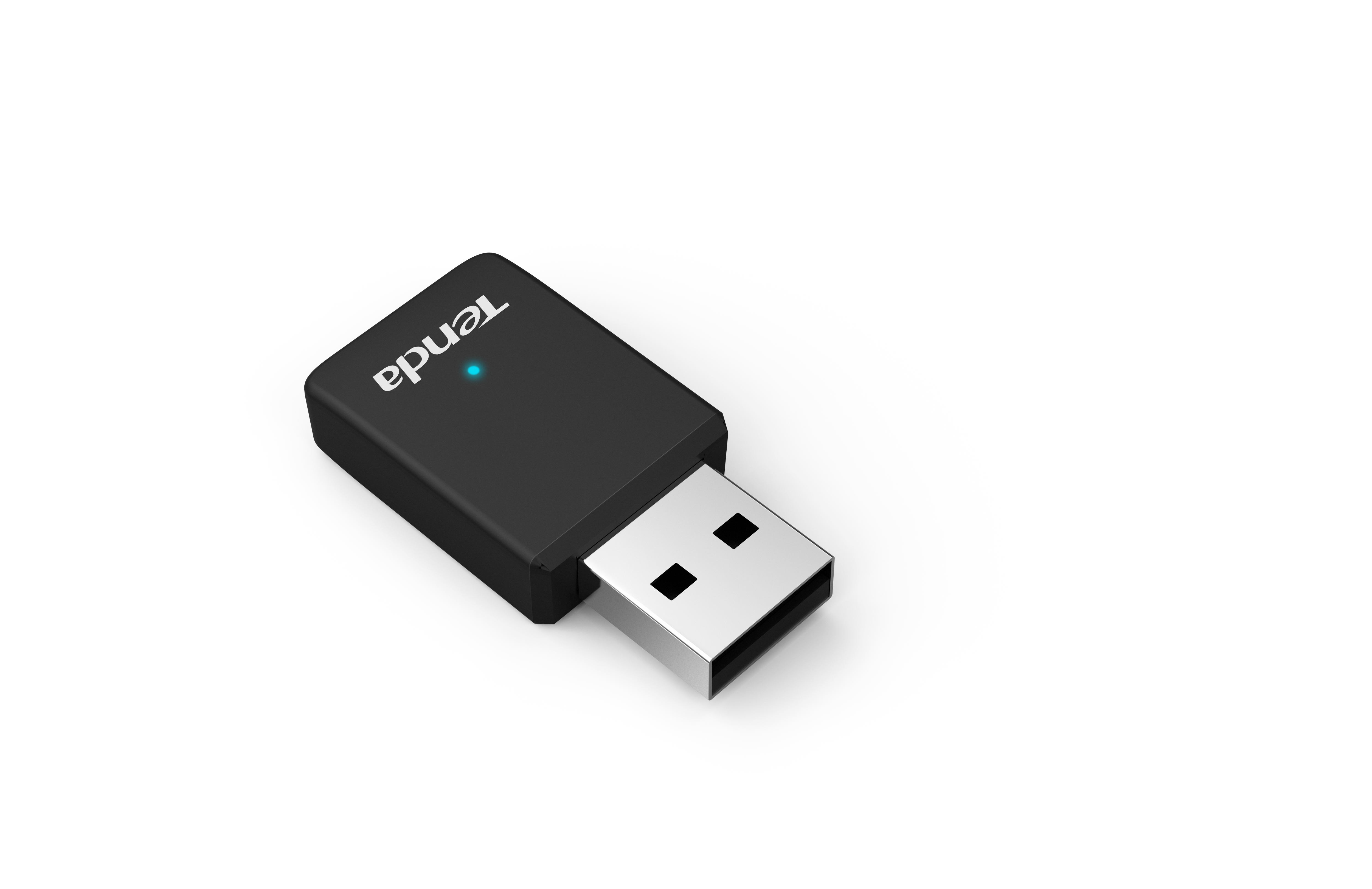 Beyaz zemin üzerinde siyah bir Tenda USB Wi-Fi adaptörü. Adaptör takılı ve mavi ışığı var.