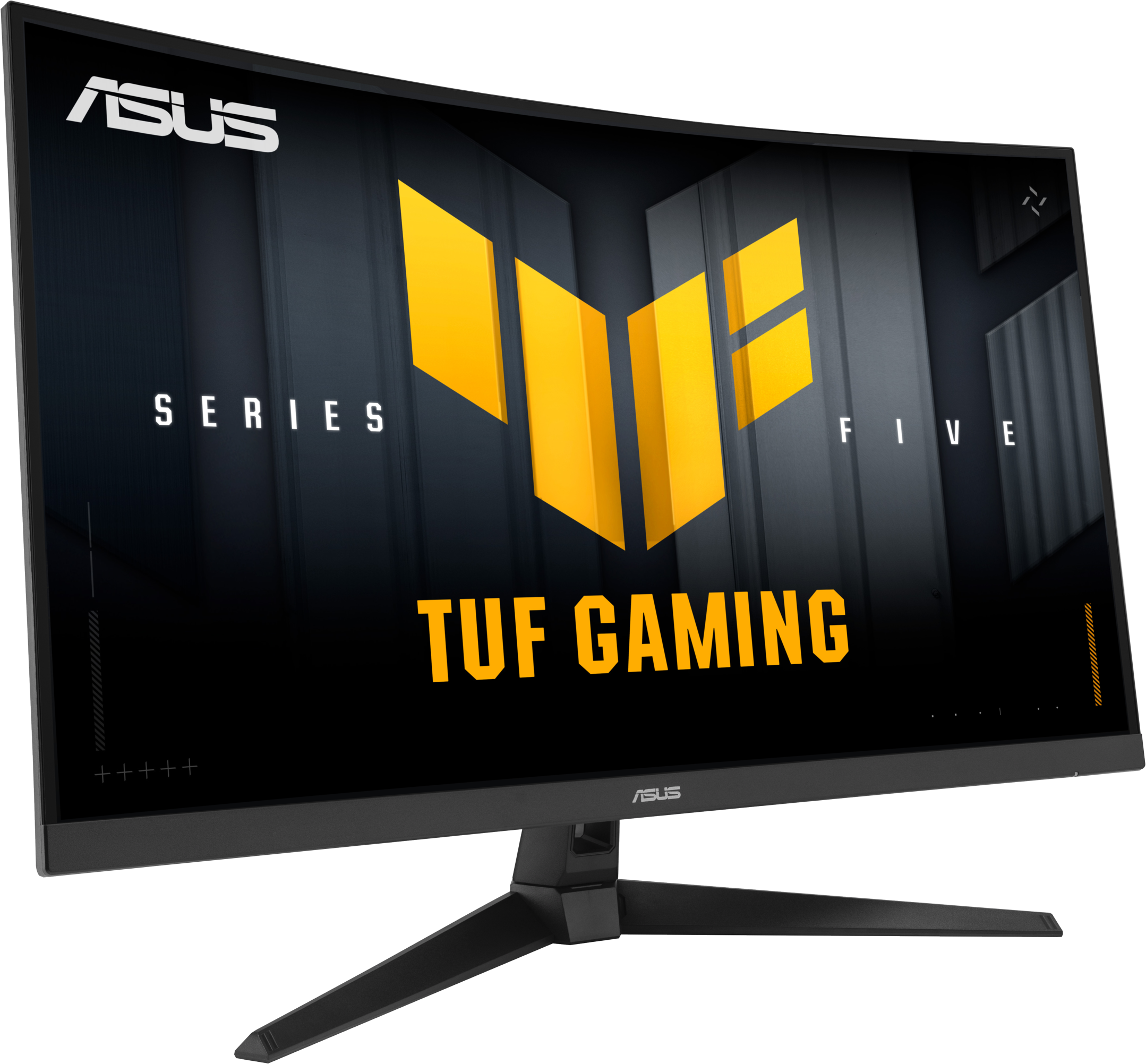 Un moniteur ASUS TUF Gaming incurvé. Il a un cadre et un support noirs avec le logo ASUS. L'écran a des graphismes jaunes.