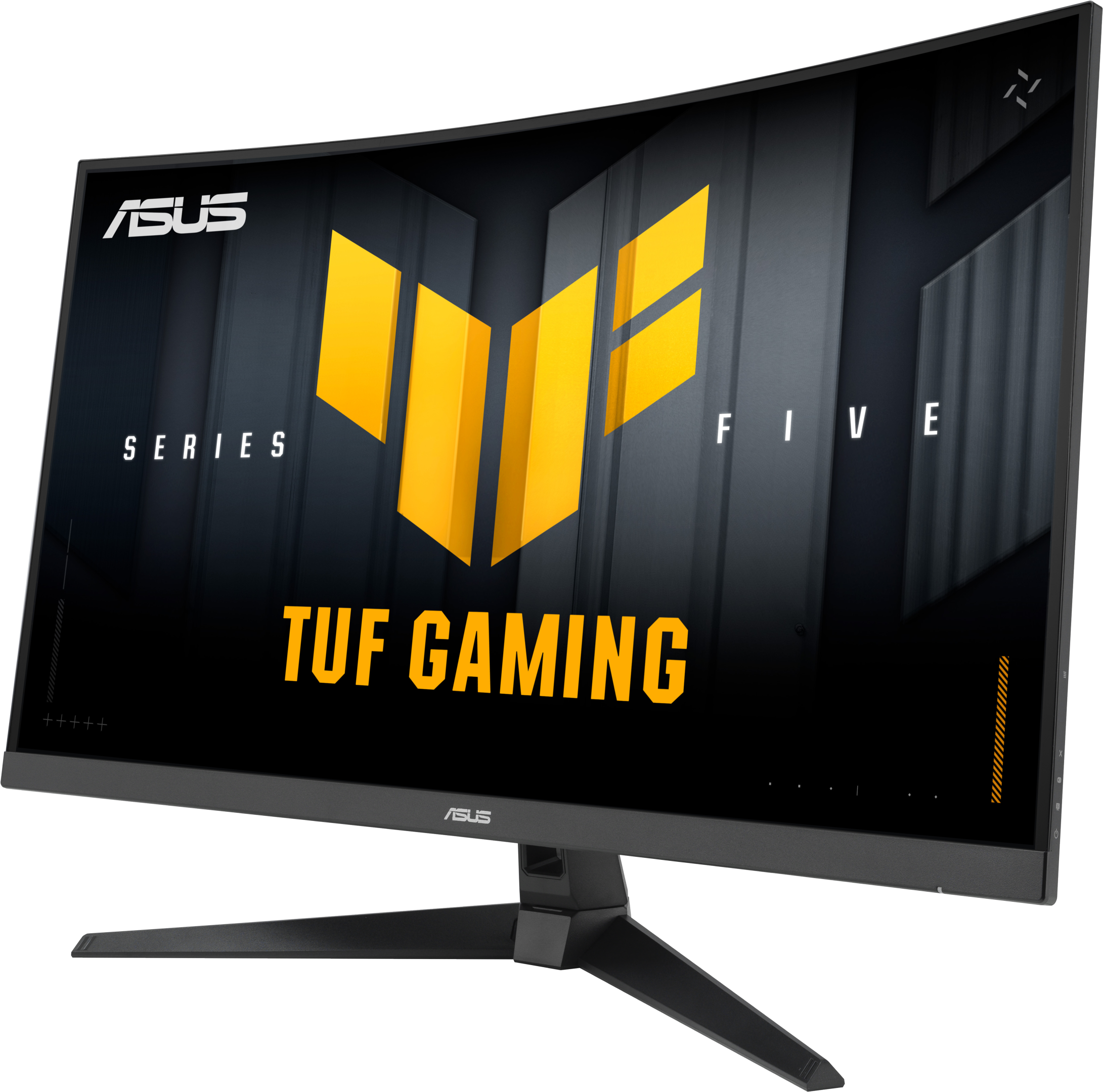 Écran incurvé ASUS TUF Gaming. L'écran affiche un logo et du texte jaune sur fond noir. Le pied est noir.