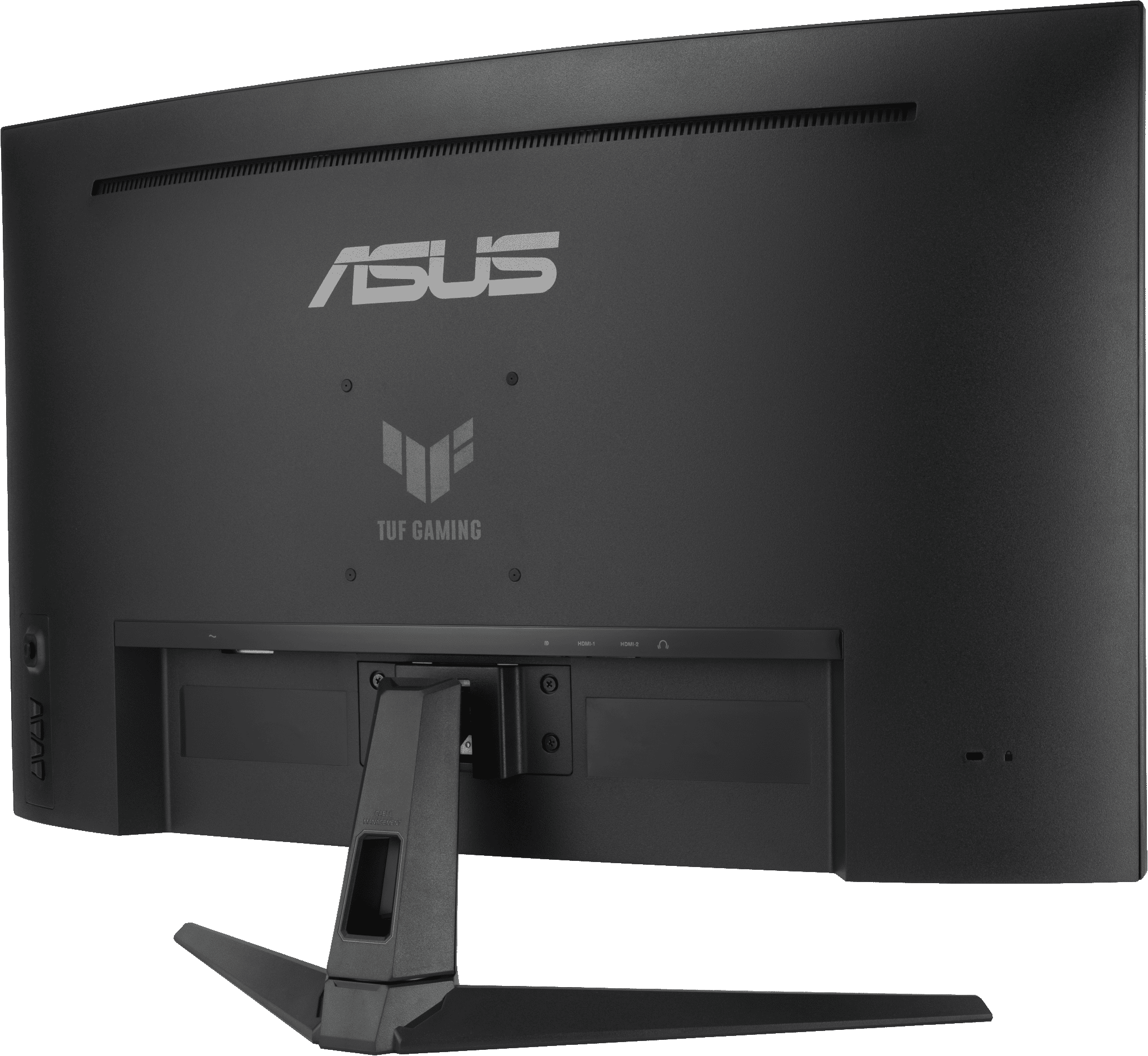 Dos du moniteur ASUS TUF Gaming noir. Logos et ports argentés visibles. Le pied et la base supportent l'écran.