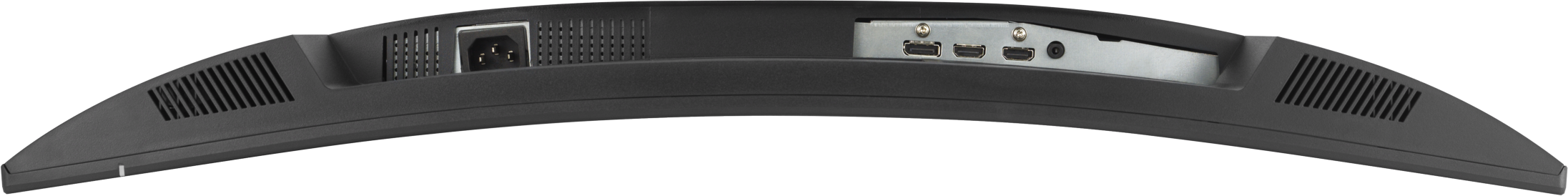 Arrière d'un moniteur incurvé noir avec ports, dont HDMI et entrée d'alimentation, ainsi que des fentes d'aération.