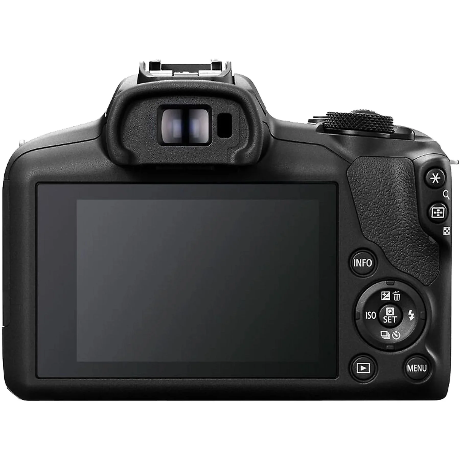 Black Canon camera back view. A screen is centered, surrounded by buttons and a viewfinder. A dial is on top right.