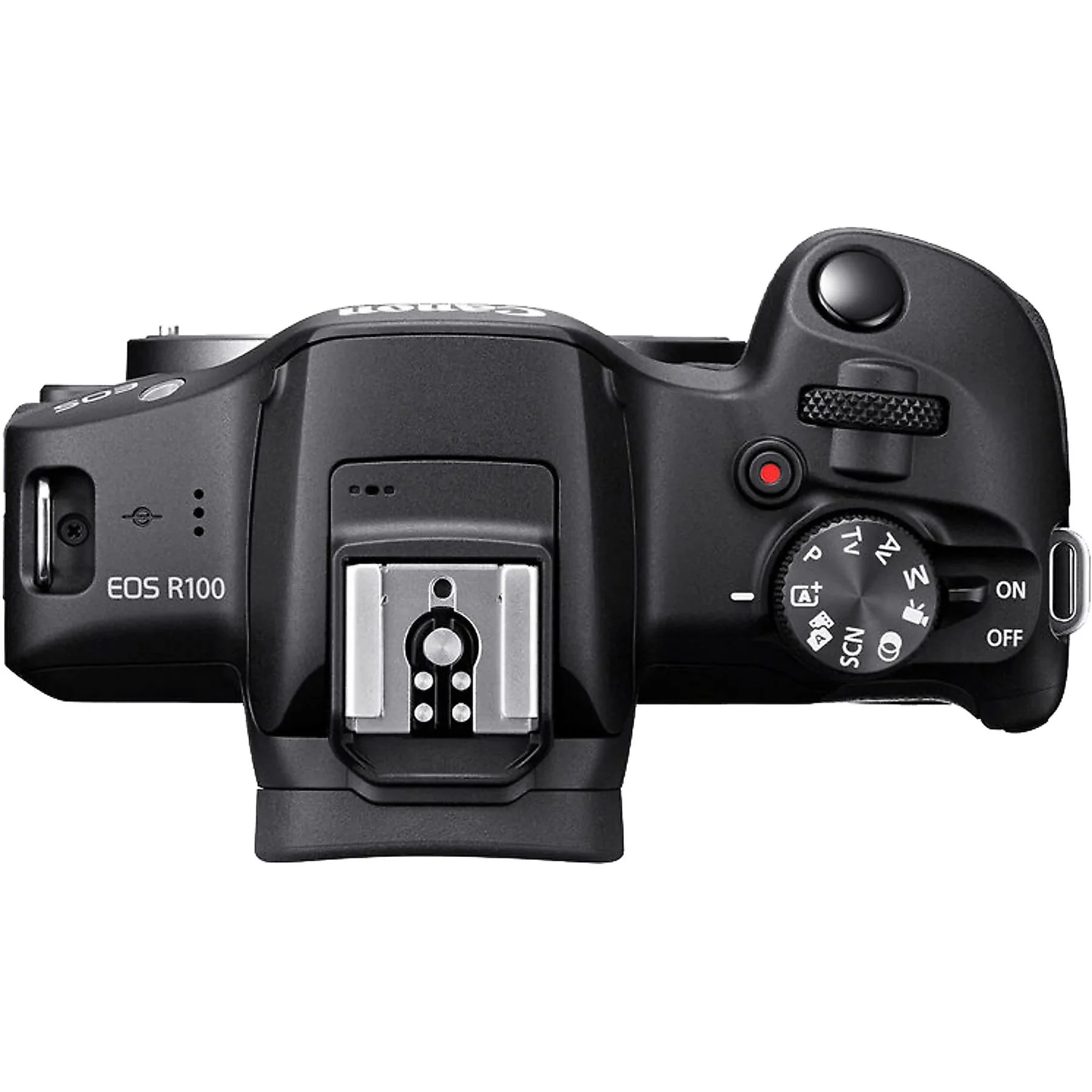 Top view of a black Canon EOS R100 camera. Features include a flash mount, mode dial, on/off switch, and various buttons and dials.