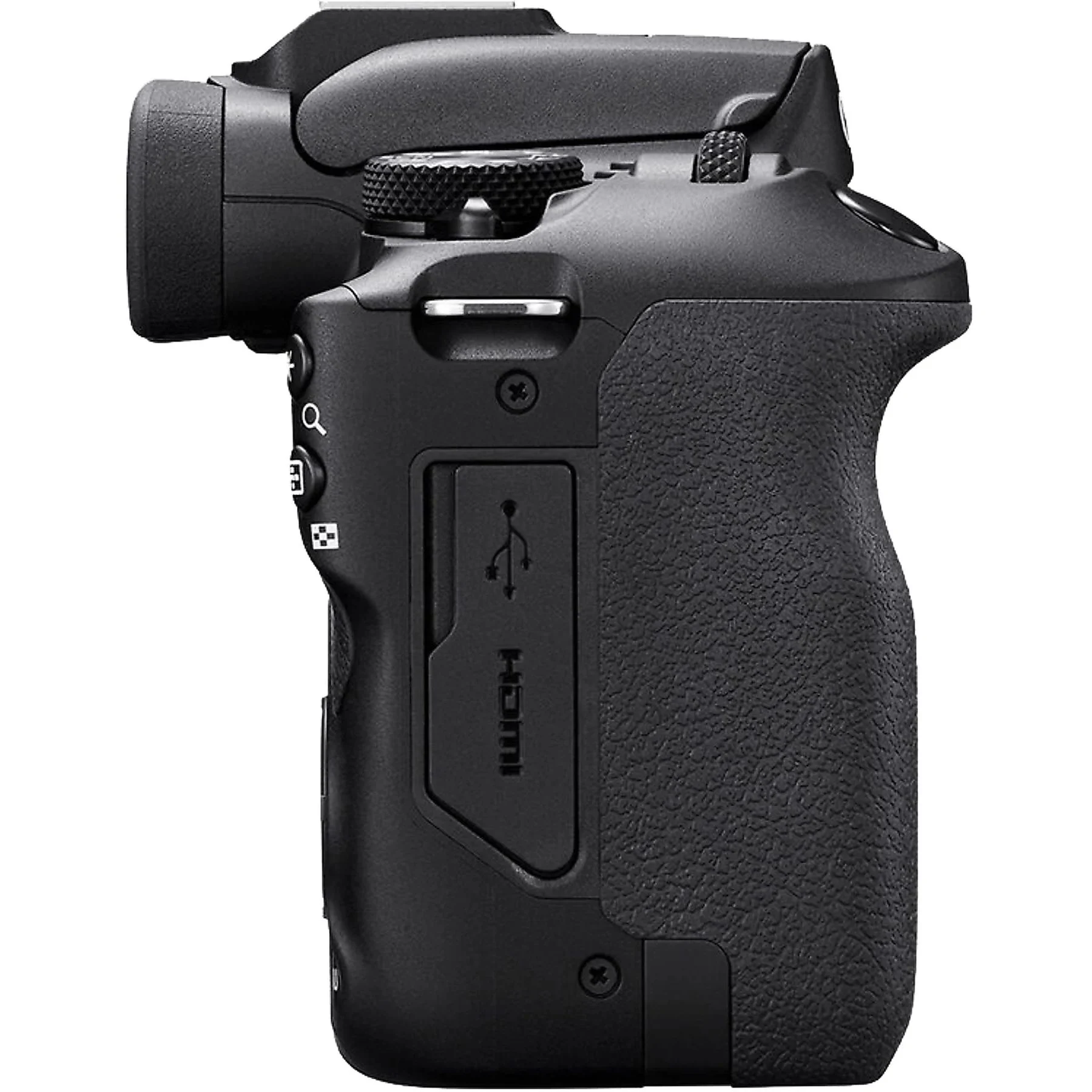A black digital camera, side view. Features include a grip, buttons, dials, and ports labeled HDMI and USB. It has a textured surface.