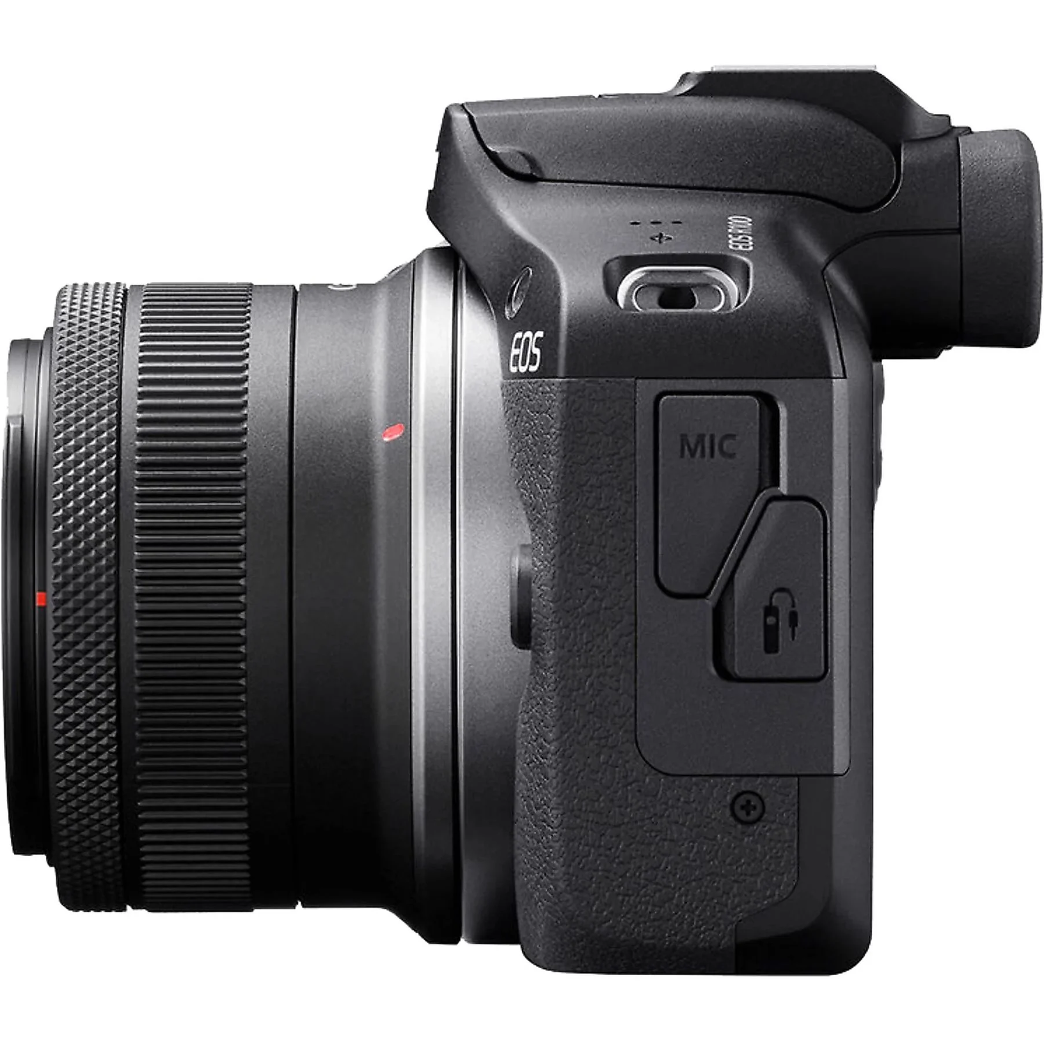 Black Canon EOS camera, side view. Lens attached, with 'EOS' and 'MIC' labels visible. Controls and a red dot are also present.