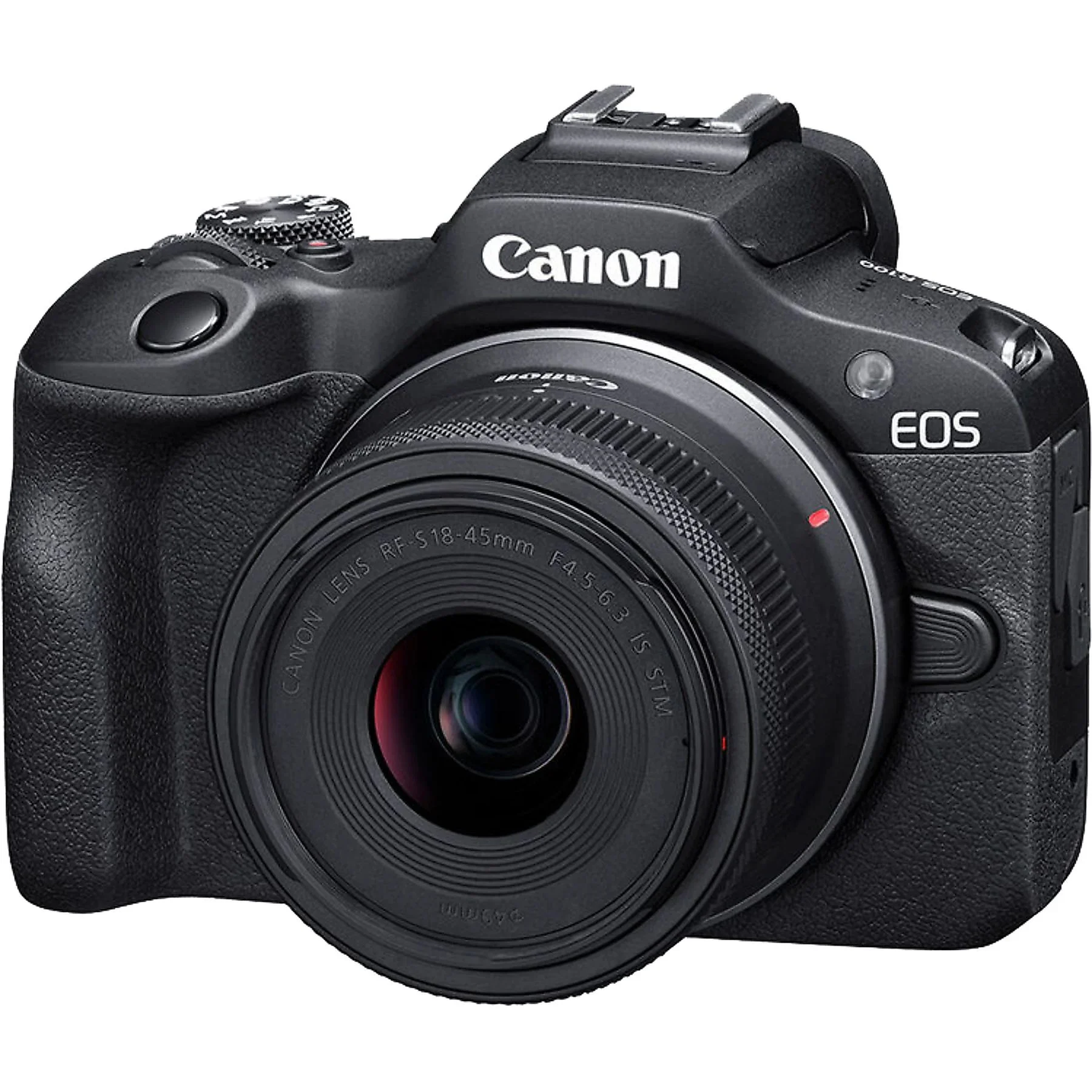 Black Canon EOS camera with lens. The lens has details on it, like RF-S 18-45mm. Canon logo is present.
