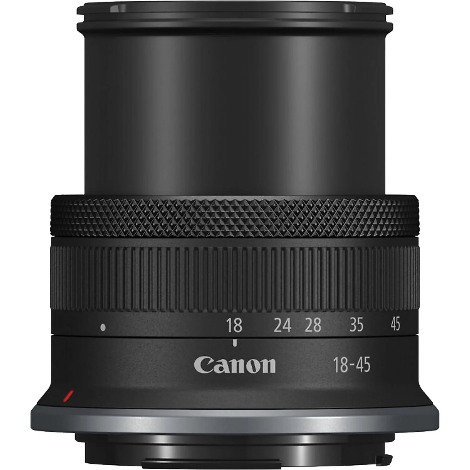 A black Canon 18-45mm camera lens. It has focal length markings, the Canon logo, and a textured grip ring. The lens is on a white background.